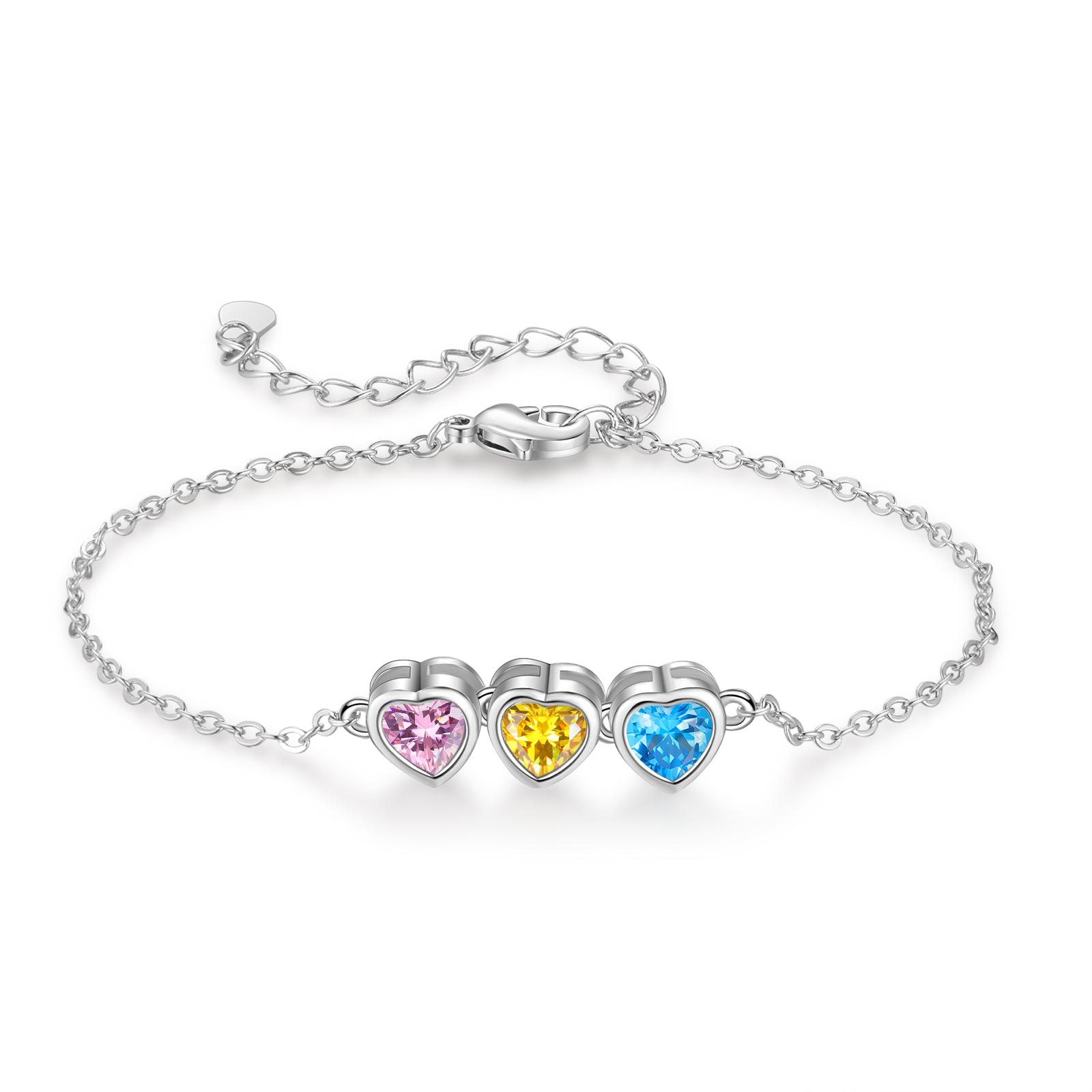 Personalized Women's Birthstone Bracelet with 3 Birthstones, Heart Pendant Design Gift for Her | Lorajewel