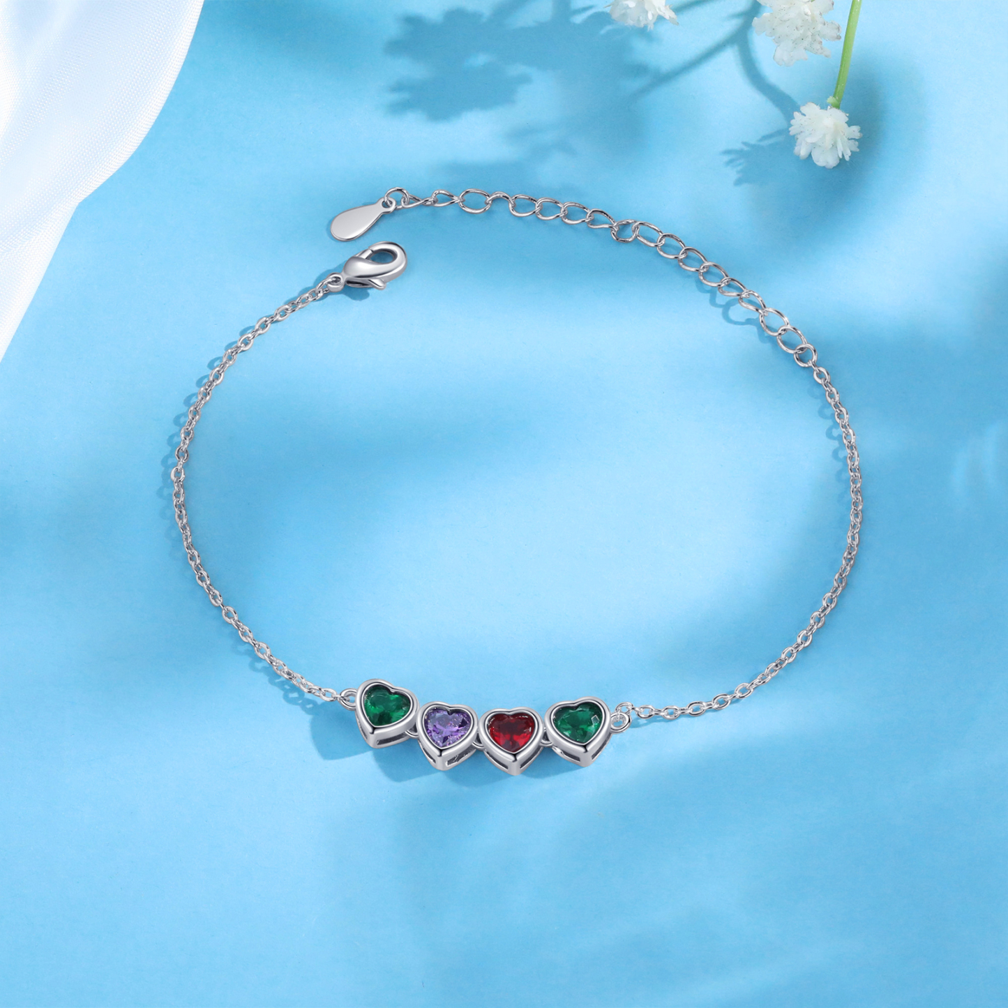 Personalized Women's Birthstone Bracelet with 4 Birthstones, Heart Pendant Design Gift for Her | Lorajewel