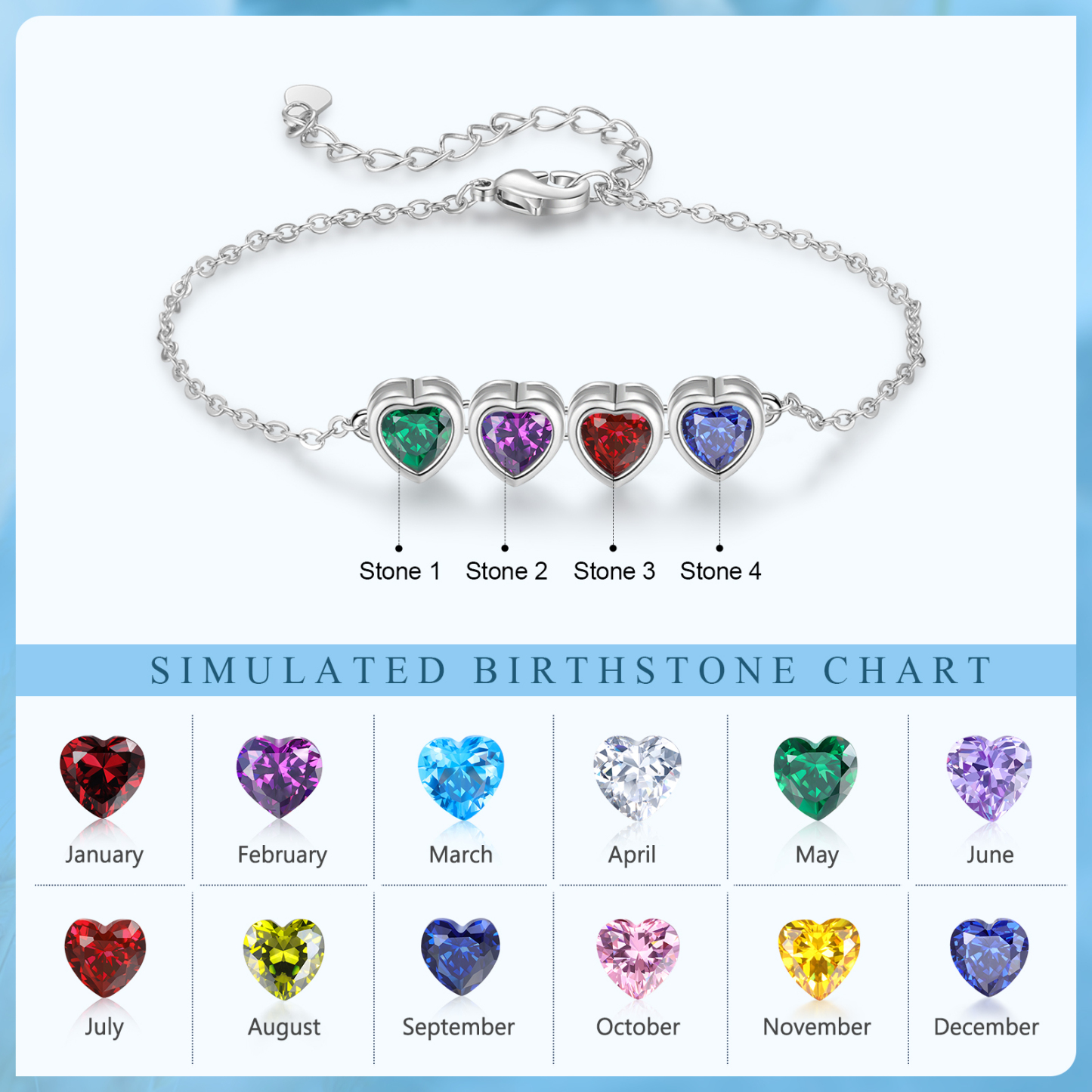 Personalized Women's Birthstone Bracelet with 4 Birthstones, Heart Pendant Design Gift for Her | Lorajewel