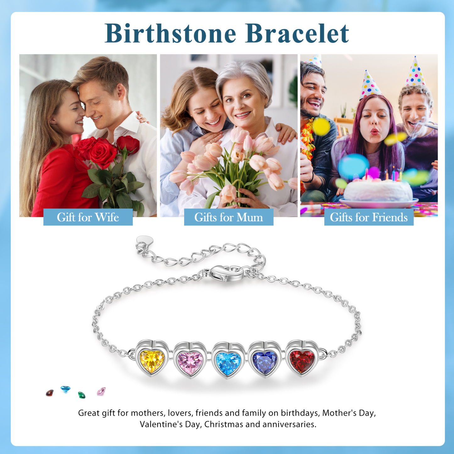 Personalized Women's Birthstone Bracelet with 5 Birthstones, Heart Pendant Design Gift for Her | Lorajewel