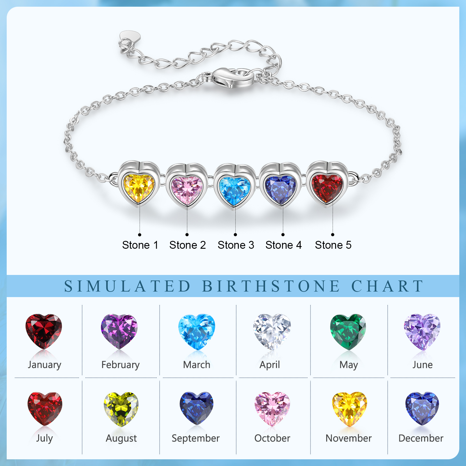 Personalized Women's Birthstone Bracelet with 5 Birthstones, Heart Pendant Design Gift for Her | Lorajewel