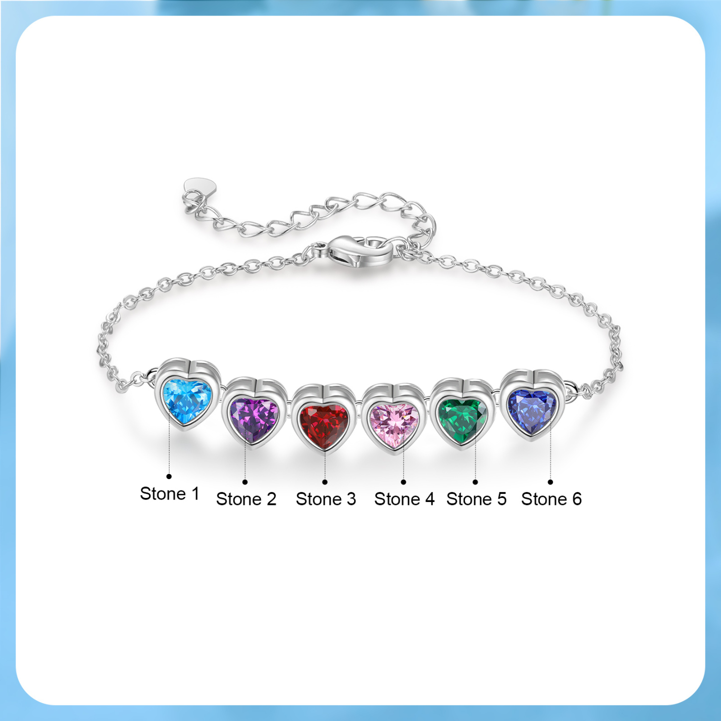 Personalized Women's Birthstone Bracelet with 6 Birthstones, Heart Pendant Design Gift for Her | Lorajewel
