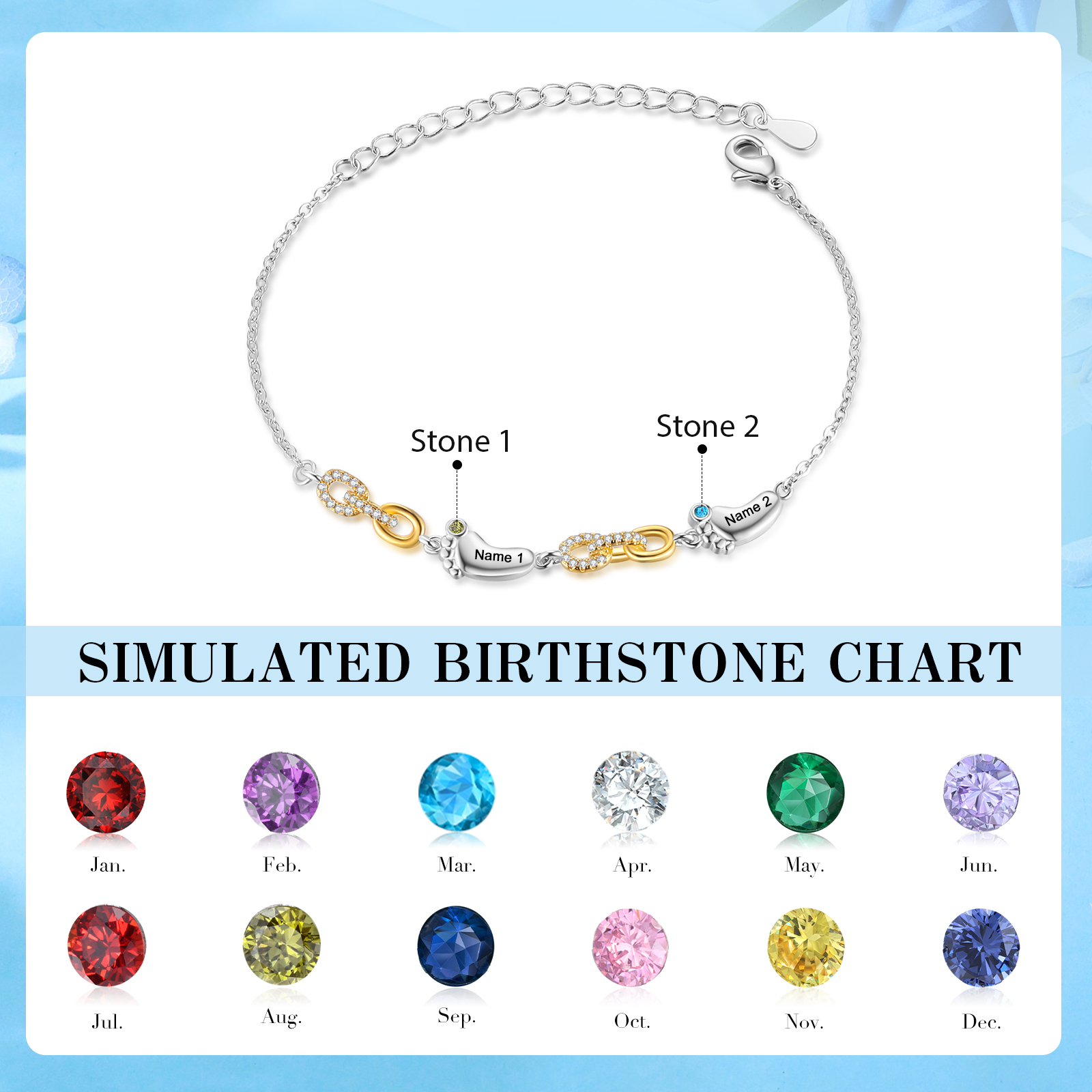 2 Names Personalized Birthstone Bracelet – Infinity Family Foot Charm Jewellery | Lorajewel