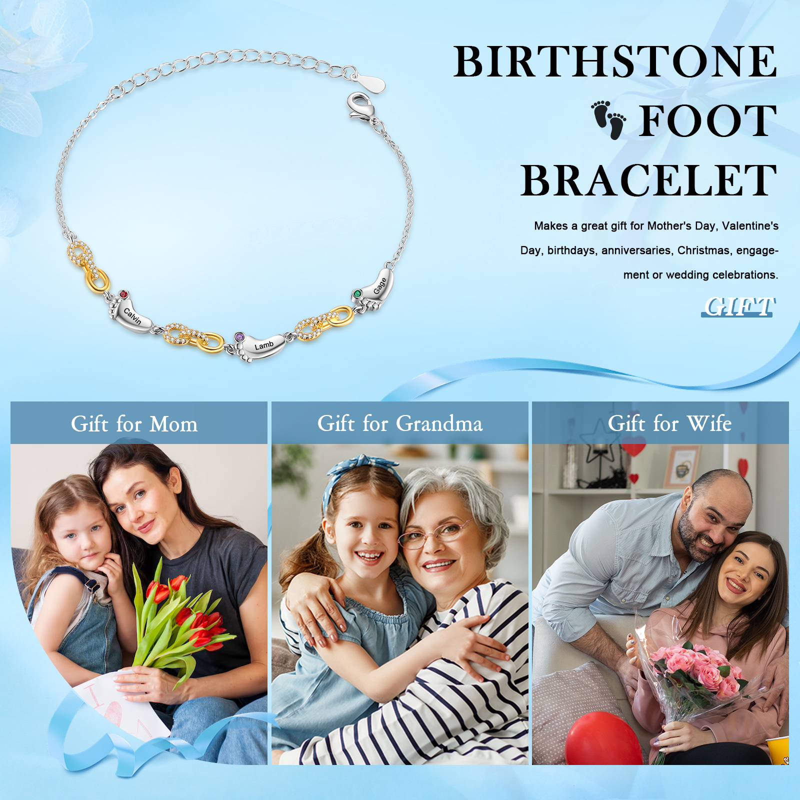 3 Names Personalized Birthstone Bracelet – Infinity Family Foot Charm Jewellery | Lorajewel