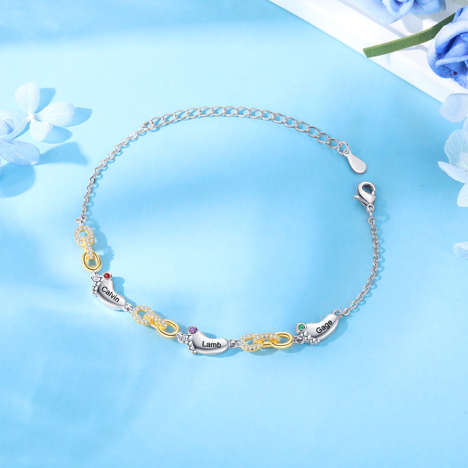 3 Names Personalized Birthstone Bracelet – Infinity Family Foot Charm Jewellery | Lorajewel