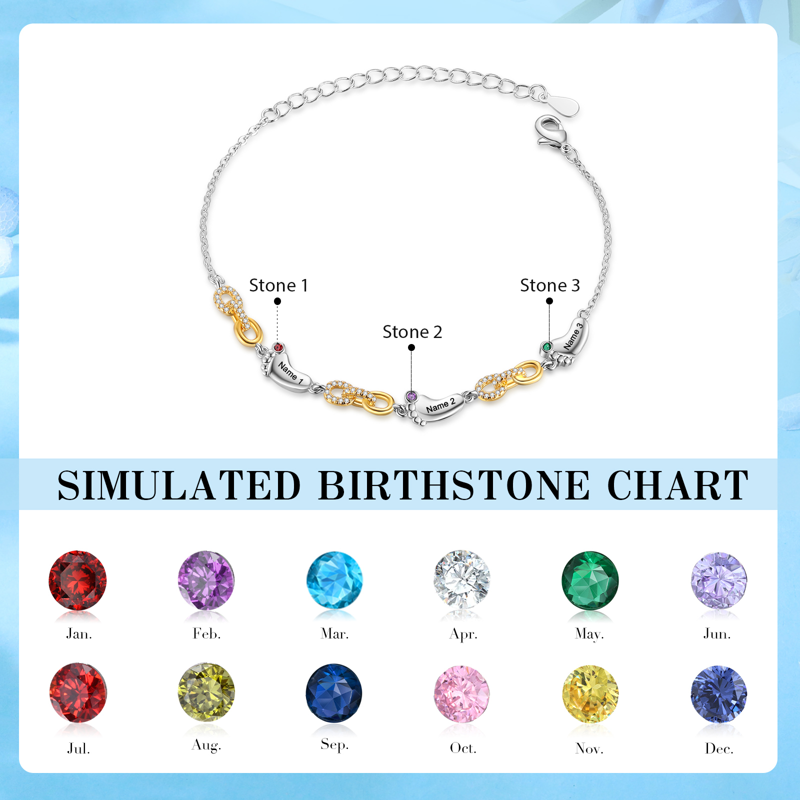 3 Names Personalized Birthstone Bracelet – Infinity Family Foot Charm Jewellery | Lorajewel