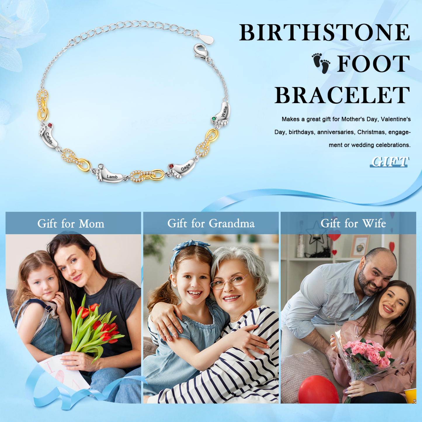 4 Names Personalized Birthstone Bracelet – Infinity Family Foot Charm Jewellery | Lorajewel