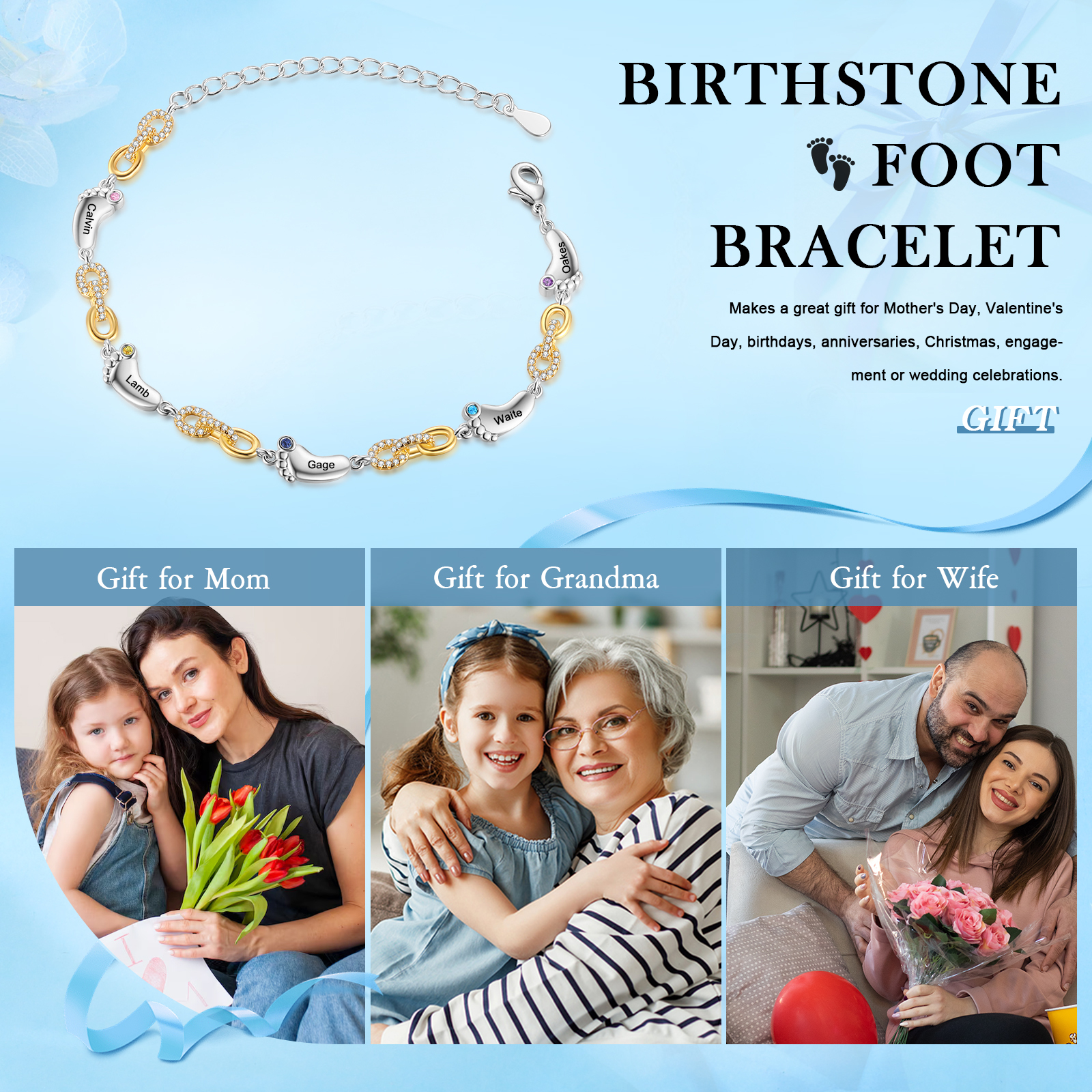 5 Names Personalized Birthstone Bracelet – Infinity Family Foot Charm Jewellery | Lorajewel