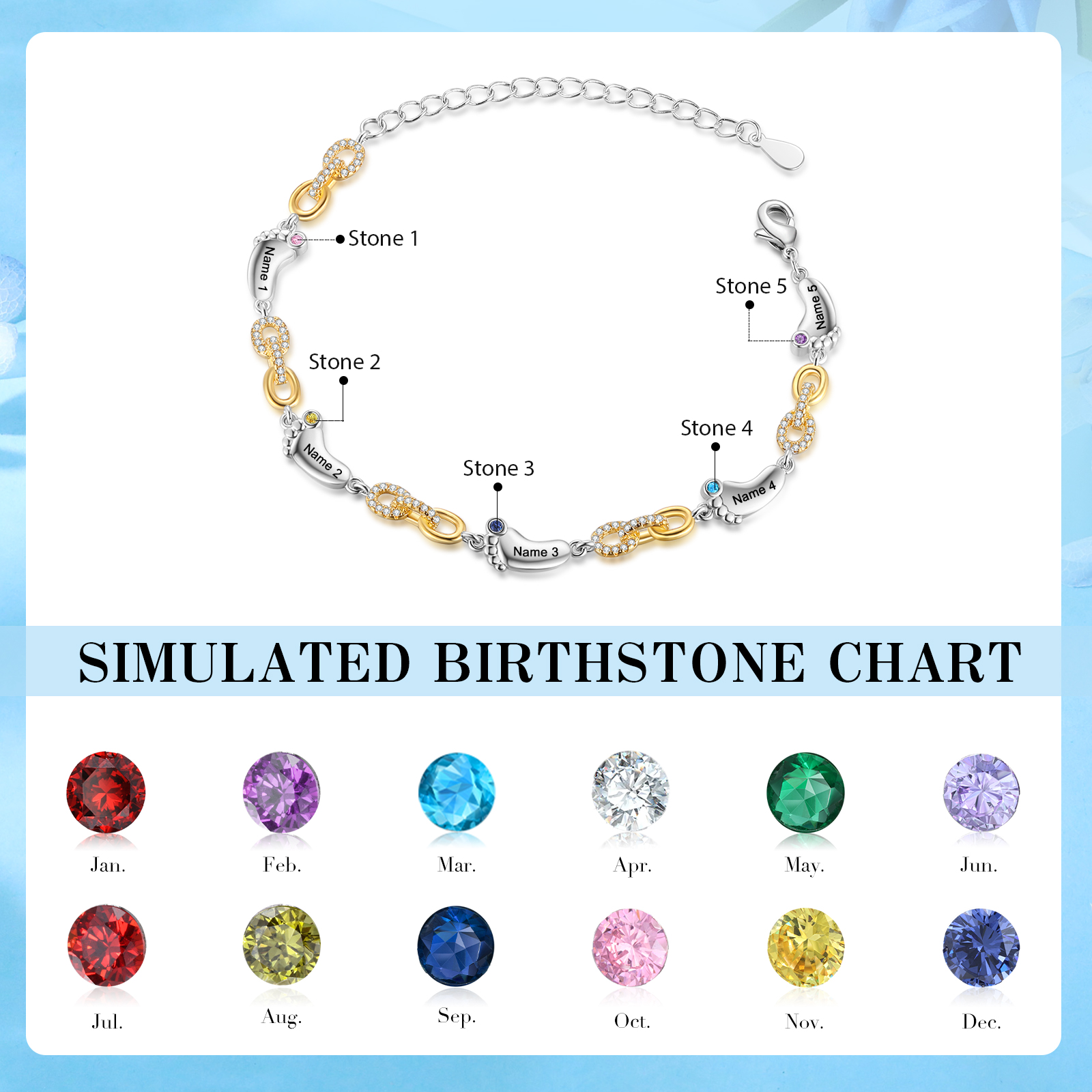 5 Names Personalized Birthstone Bracelet – Infinity Family Foot Charm Jewellery | Lorajewel