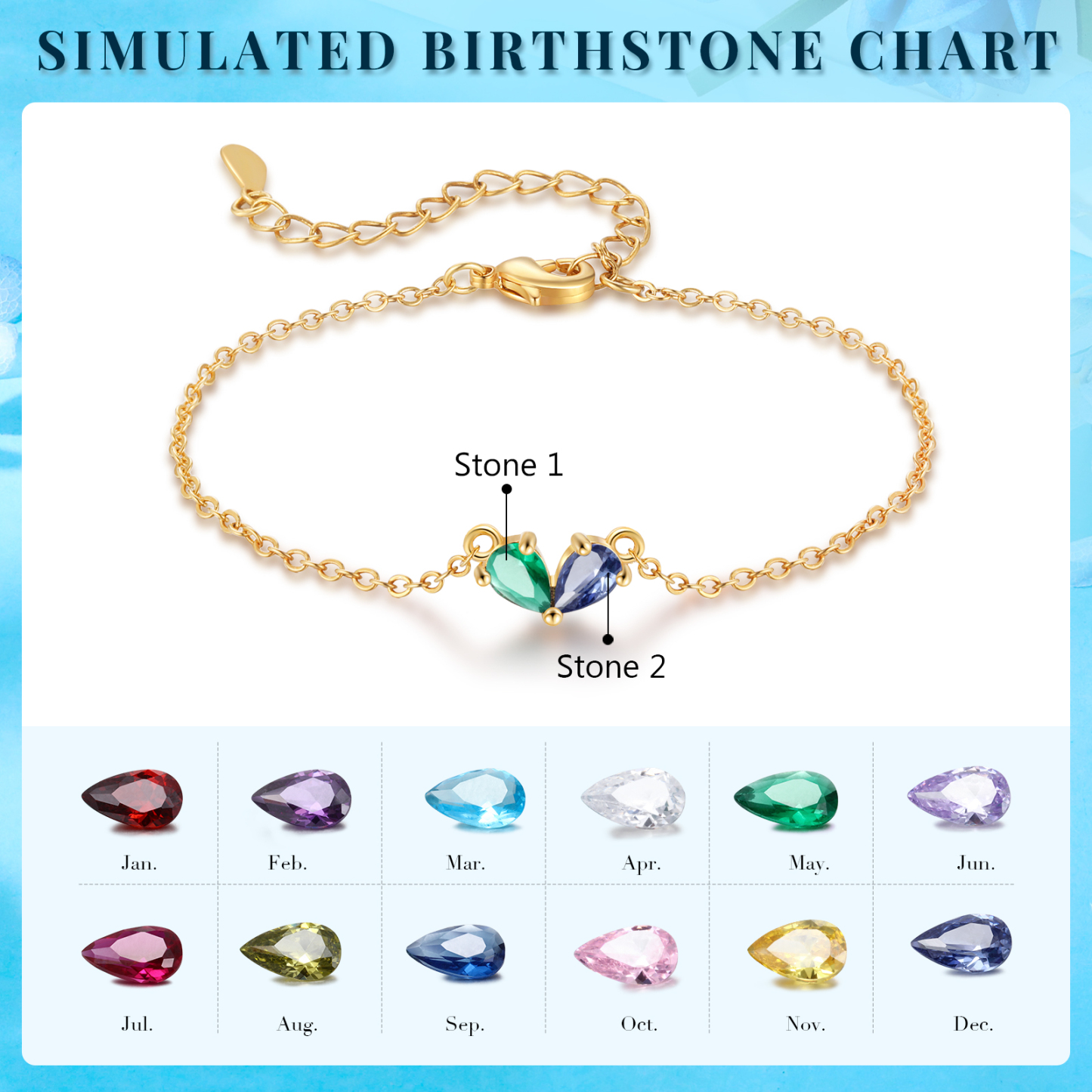 2 Birthstones Personalized Heart Bracelet – Custom Jewellery Gift for Mum | Lorajewel