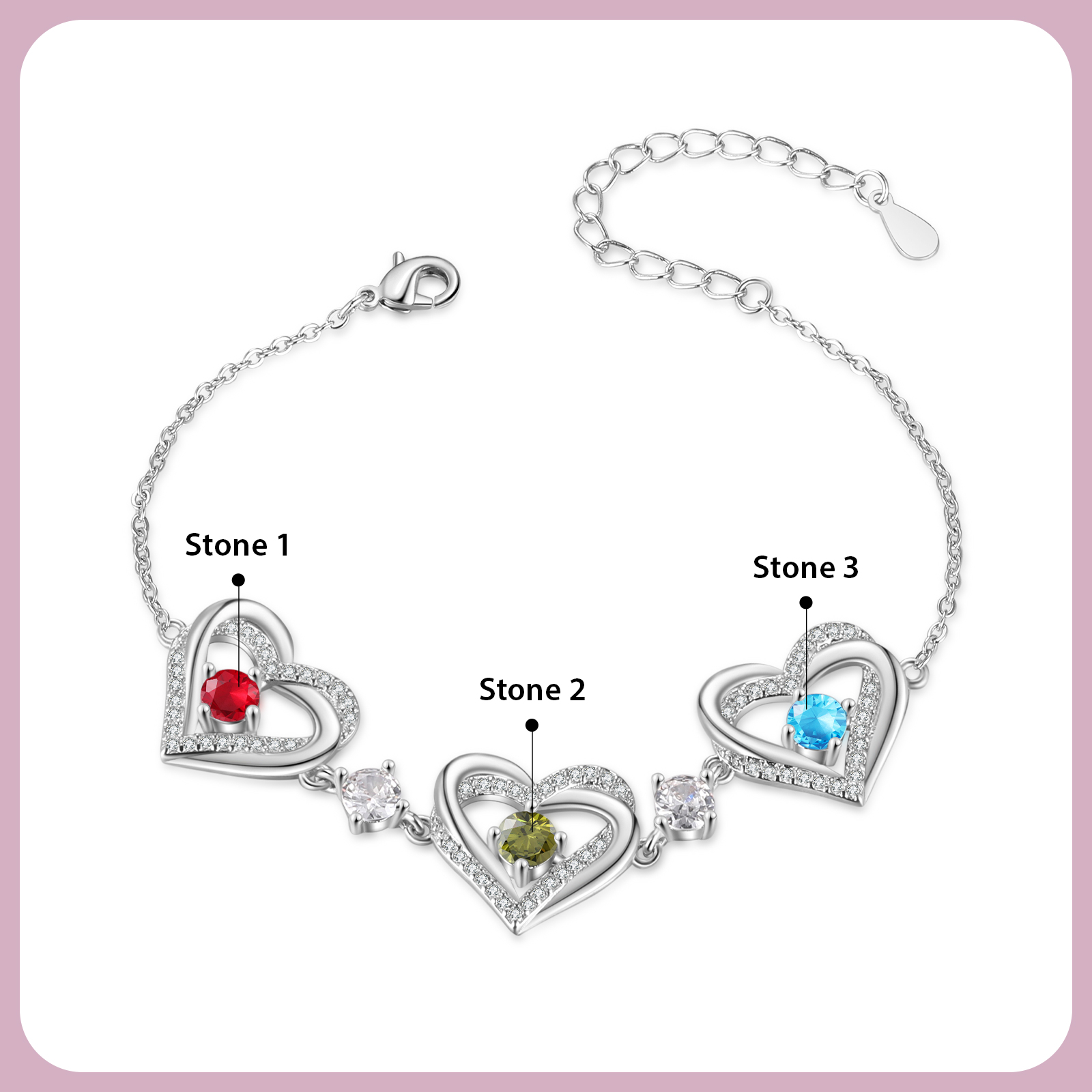 Personalized Bracelet With 3 Birthstones Heart Charm Bracelet Gift For Women | Lorajewel