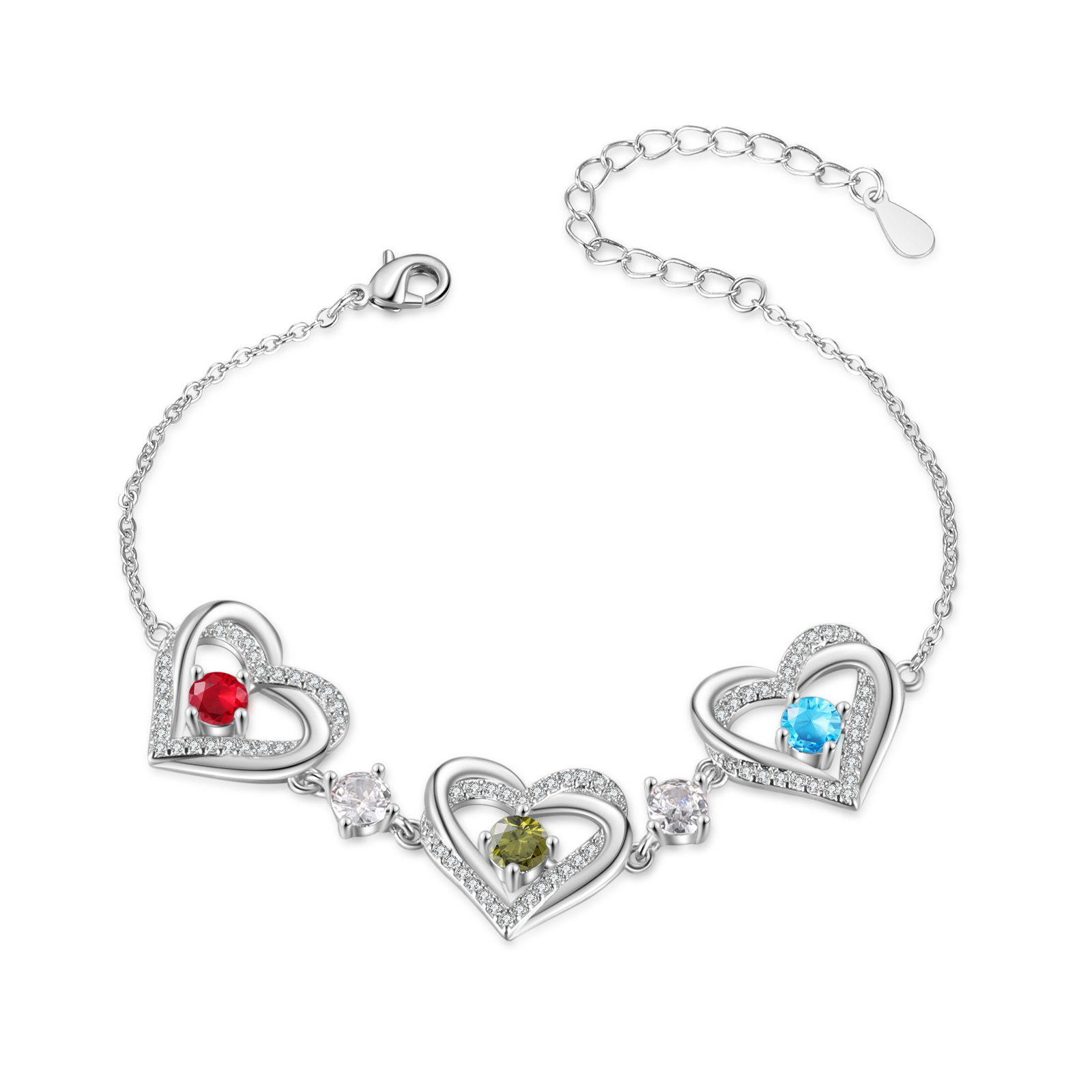 Personalized Bracelet With 3 Birthstones Heart Charm Bracelet Gift For Women | Lorajewel