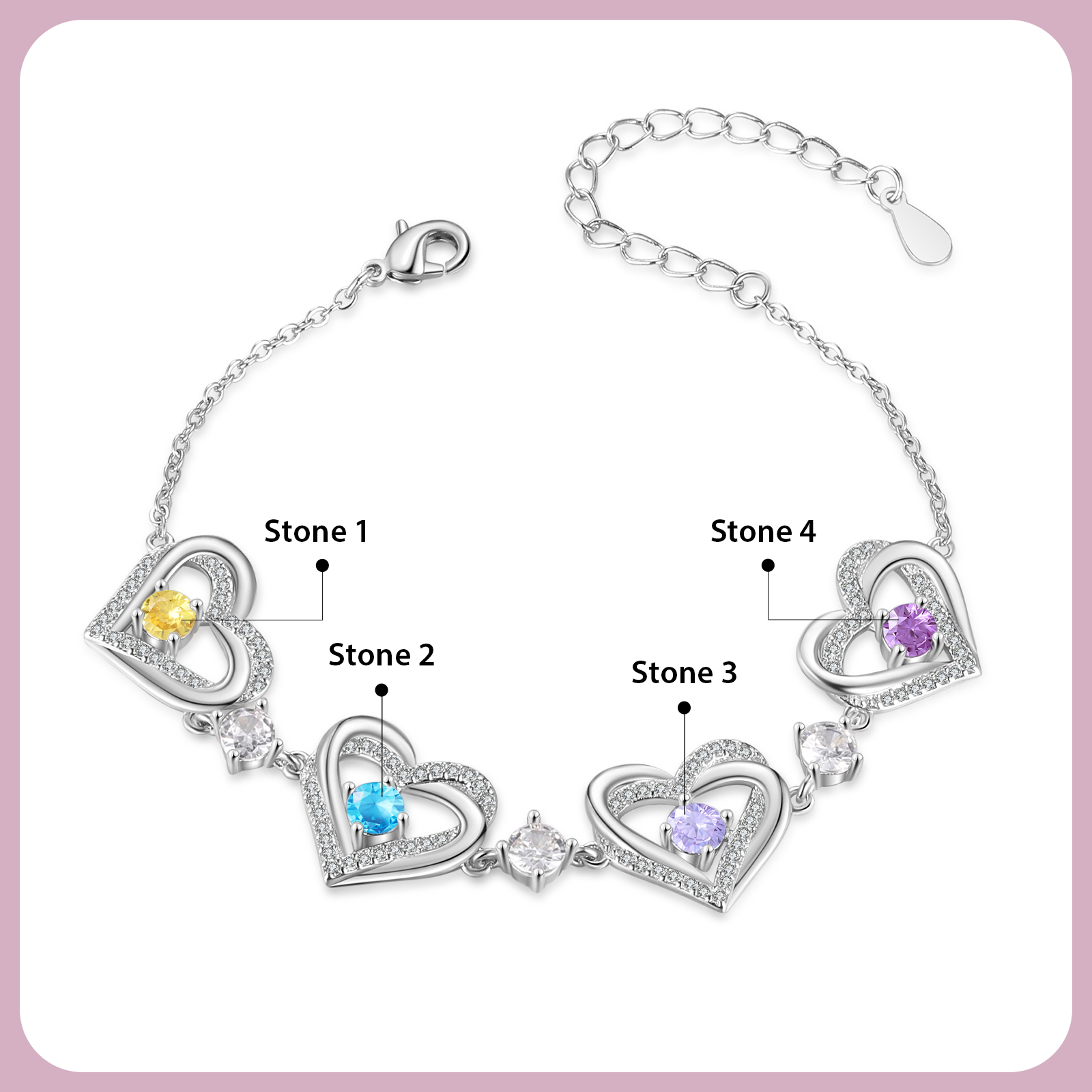 Personalized Bracelet With 4 Birthstones Heart Charm Bracelet Gift For Women | Lorajewel