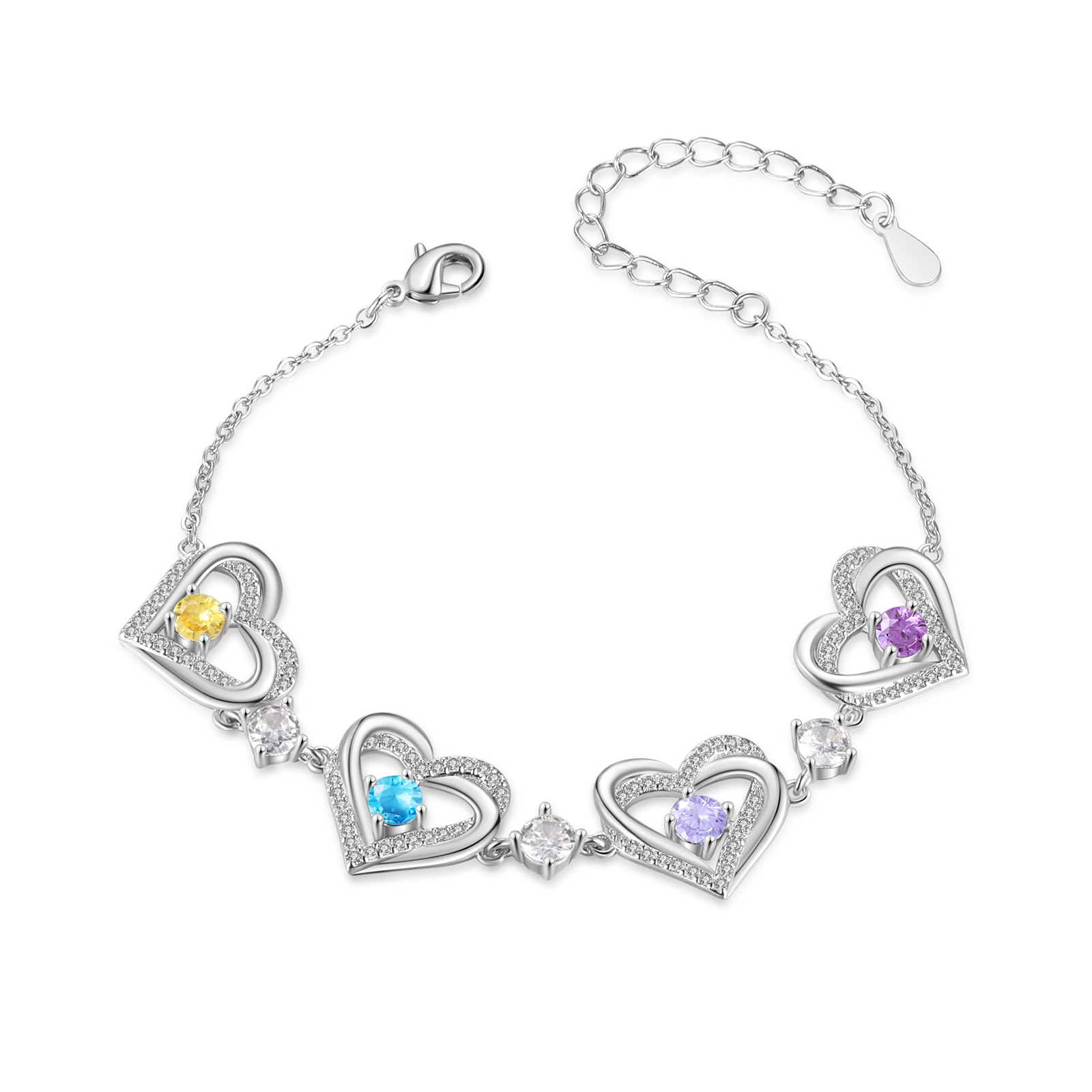 Personalized Bracelet With 4 Birthstones Heart Charm Bracelet Gift For Women | Lorajewel