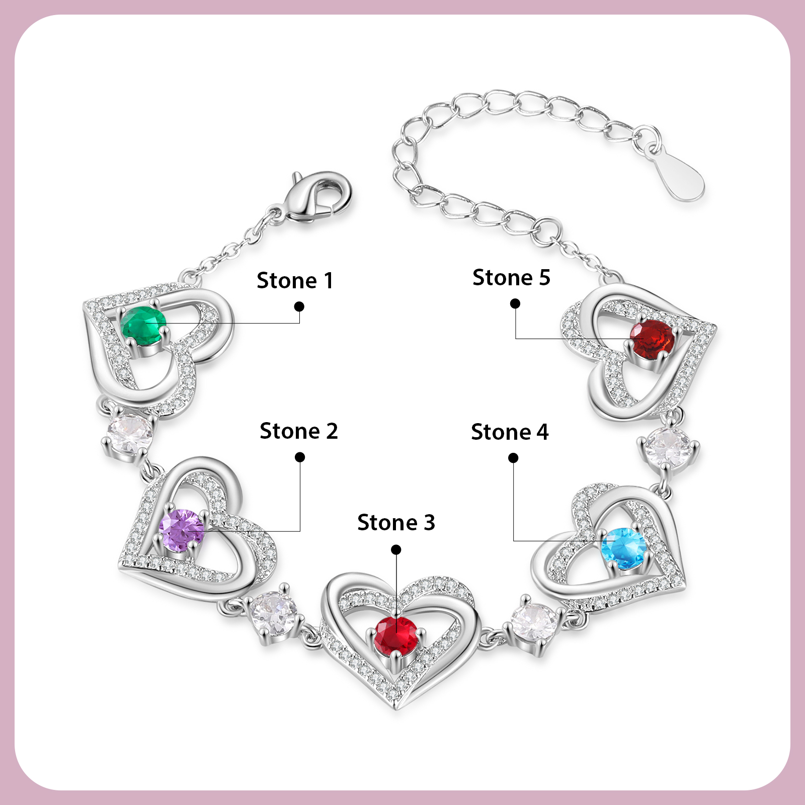 Personalized Bracelet With 5 Birthstones Heart Charm Bracelet Gift For Women | Lorajewel
