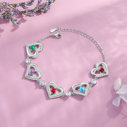 Personalized Bracelet With 5 Birthstones Heart Charm Bracelet Gift For Women | Lorajewel
