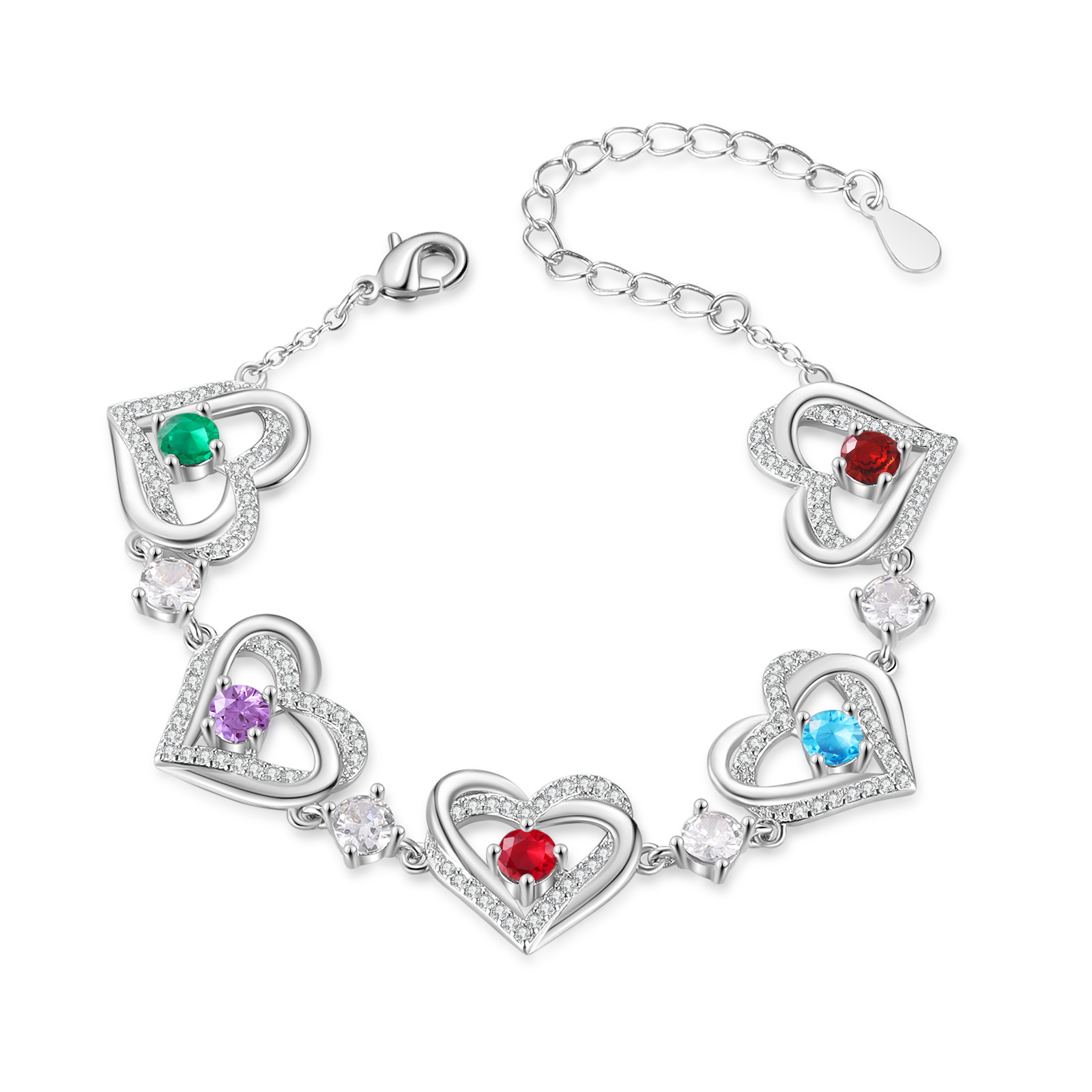 Personalized Bracelet With 5 Birthstones Heart Charm Bracelet Gift For Women | Lorajewel