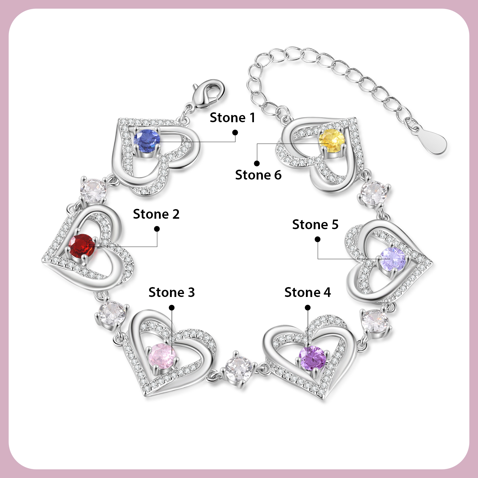 Personalized Bracelet With 6 Birthstones Heart Charm Bracelet Gift For Women | Lorajewel
