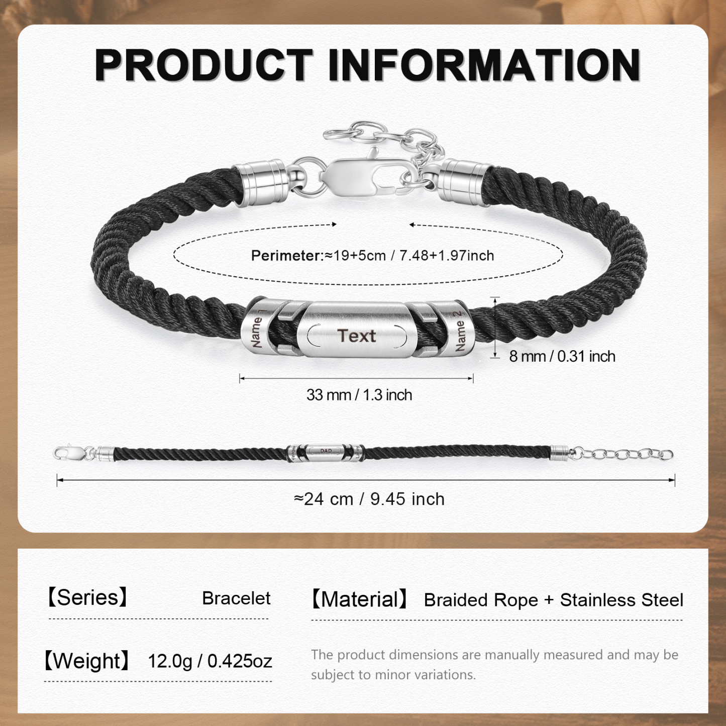 2 Names & 1 Text Personalized Men Adjustable Bracelet – Braided Rope & Stainless Steel Design | Lorajewel