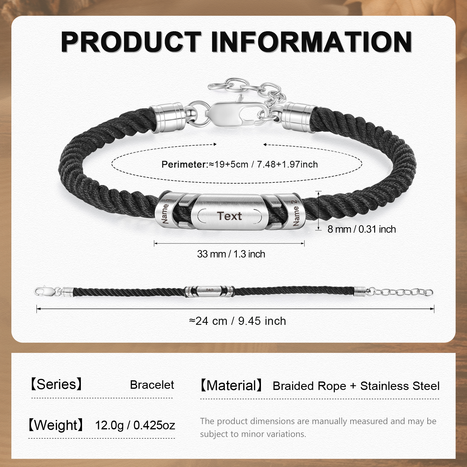 2 Names & 1 Text Personalized Men Adjustable Bracelet – Braided Rope & Stainless Steel Design | Lorajewel