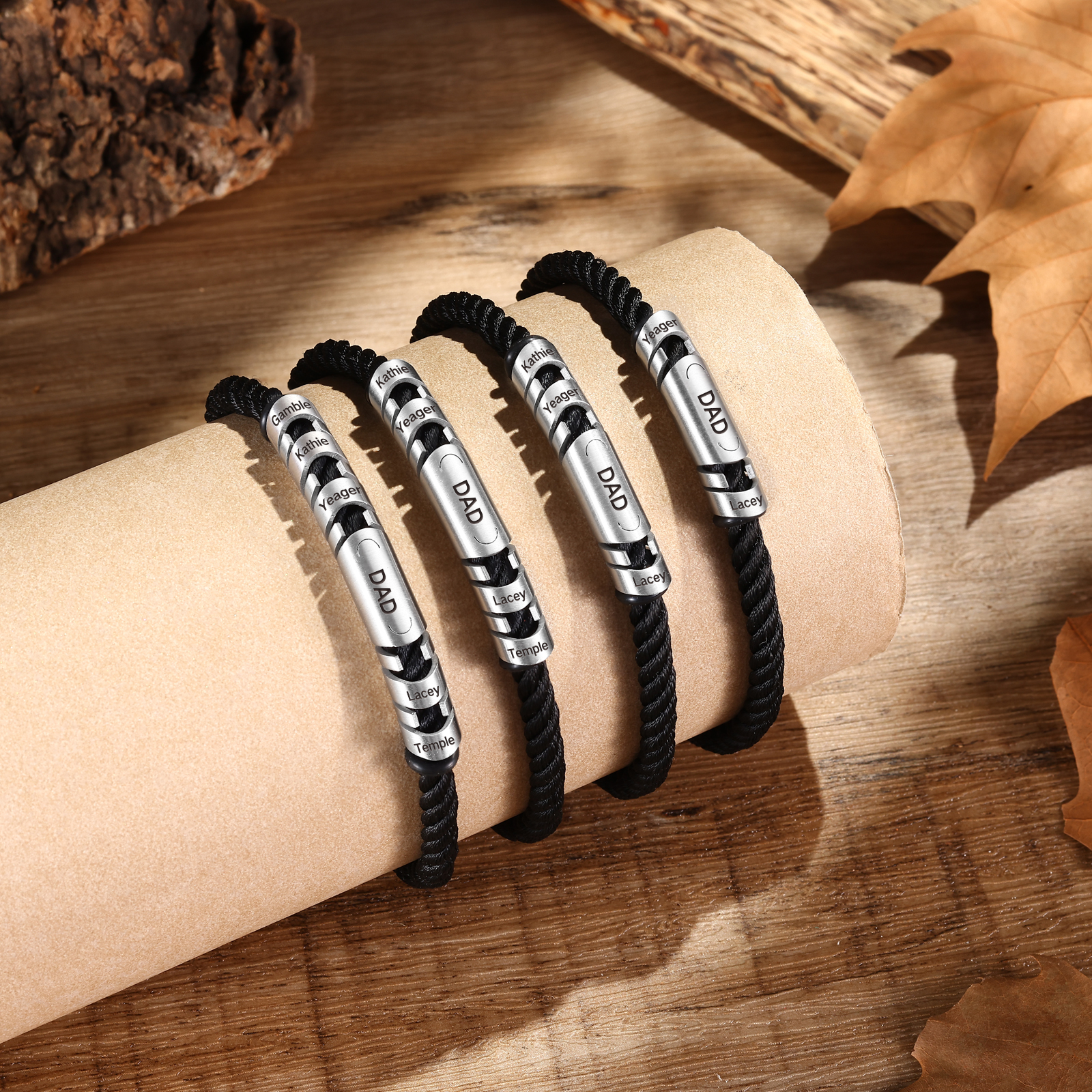 2 Names & 1 Text Personalized Men Adjustable Bracelet – Braided Rope & Stainless Steel Design | Lorajewel