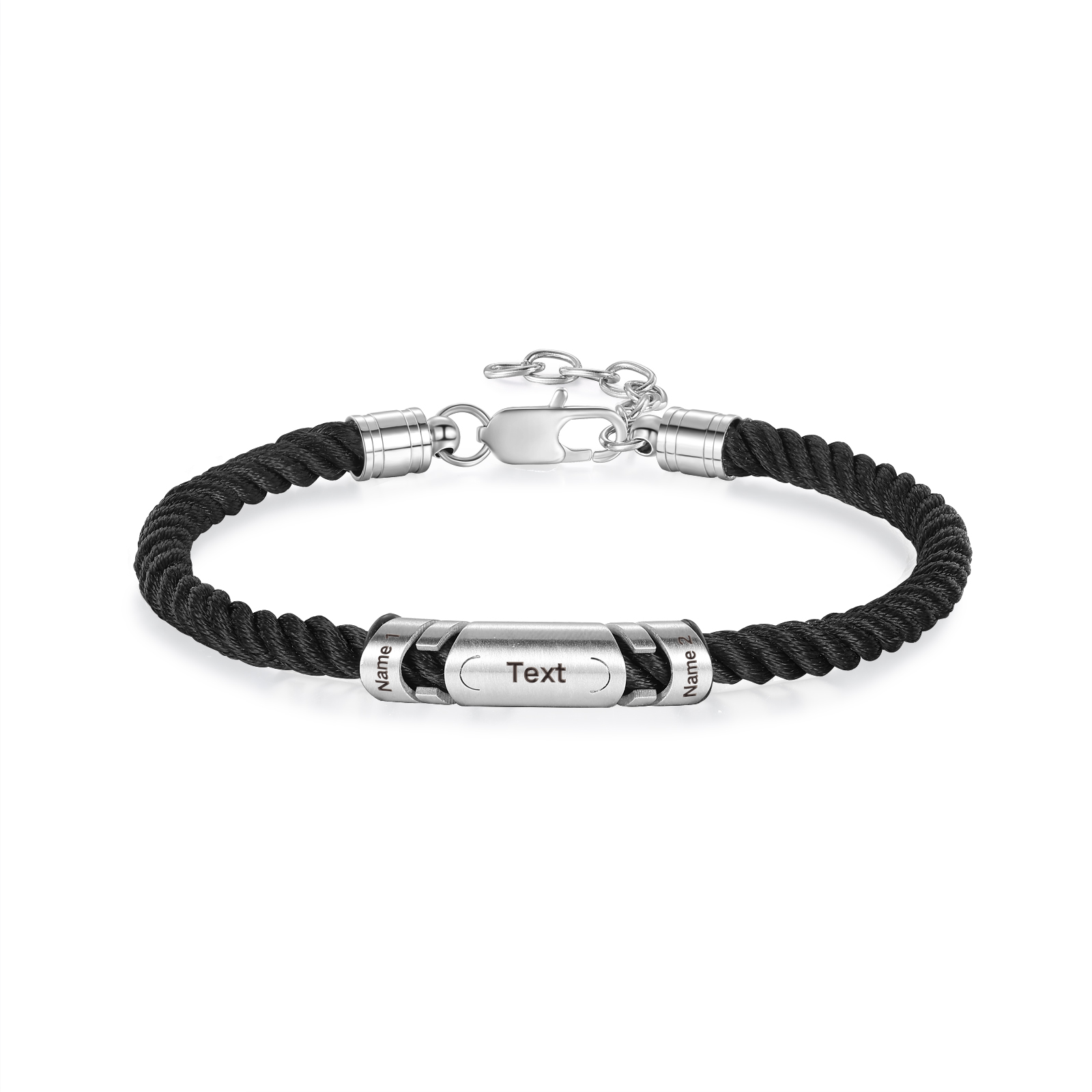 2 Names & 1 Text Personalized Men Adjustable Bracelet – Braided Rope & Stainless Steel Design | Lorajewel