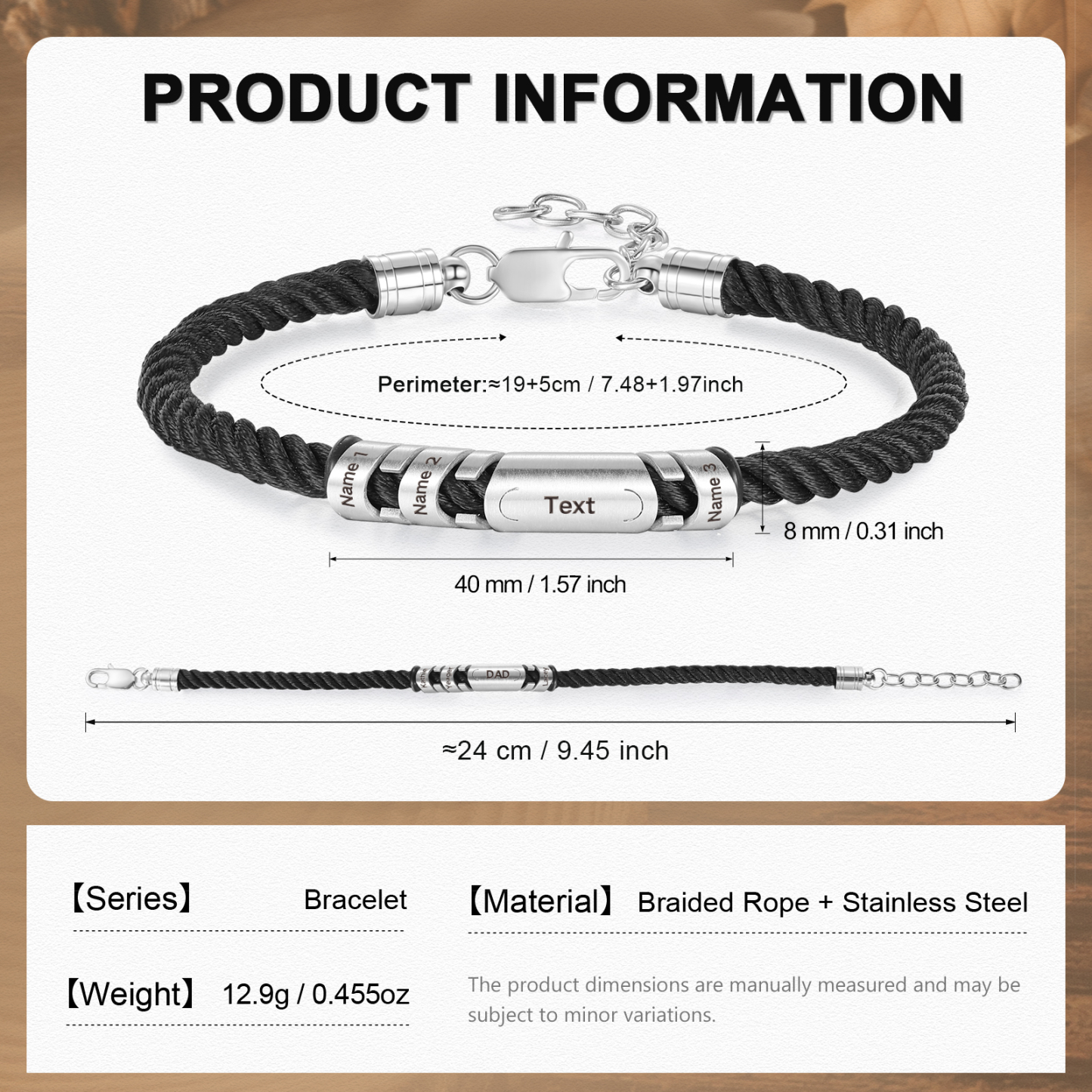 3 Names & 1 Text Personalized Men Adjustable Bracelet – Braided Rope & Stainless Steel Design | Lorajewel