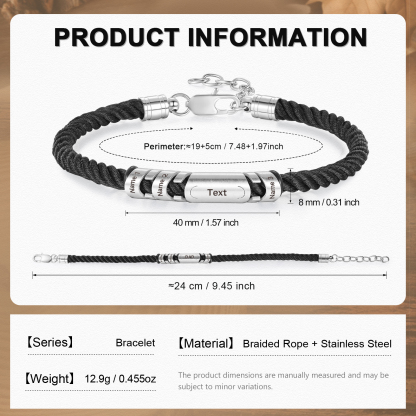 3 Names & 1 Text Personalized Men Adjustable Bracelet – Braided Rope & Stainless Steel Design | Lorajewel