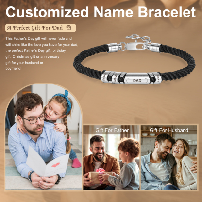 3 Names & 1 Text Personalized Men Adjustable Bracelet – Braided Rope & Stainless Steel Design | Lorajewel
