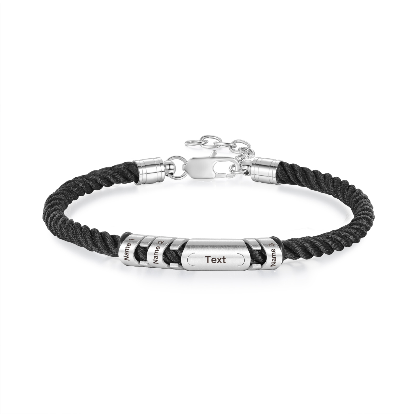 3 Names & 1 Text Personalized Men Adjustable Bracelet – Braided Rope & Stainless Steel Design | Lorajewel