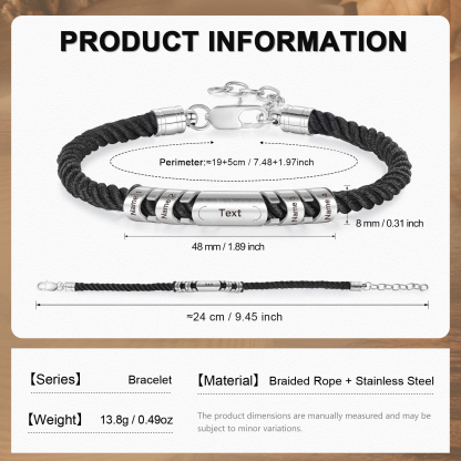 4 Names & 1 Text Personalized Men Adjustable Bracelet – Braided Rope & Stainless Steel Design | Lorajewel