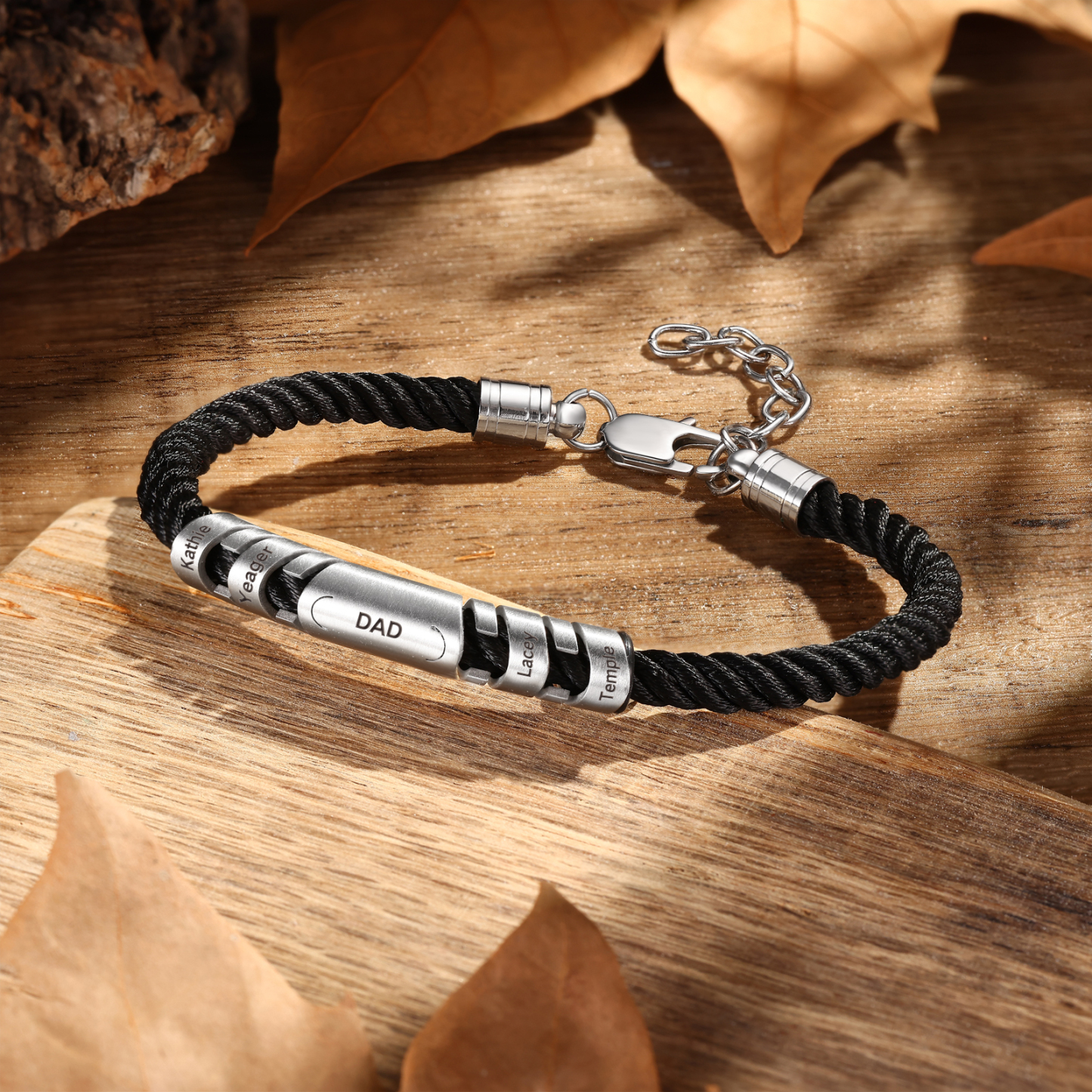 4 Names & 1 Text Personalized Men Adjustable Bracelet – Braided Rope & Stainless Steel Design | Lorajewel