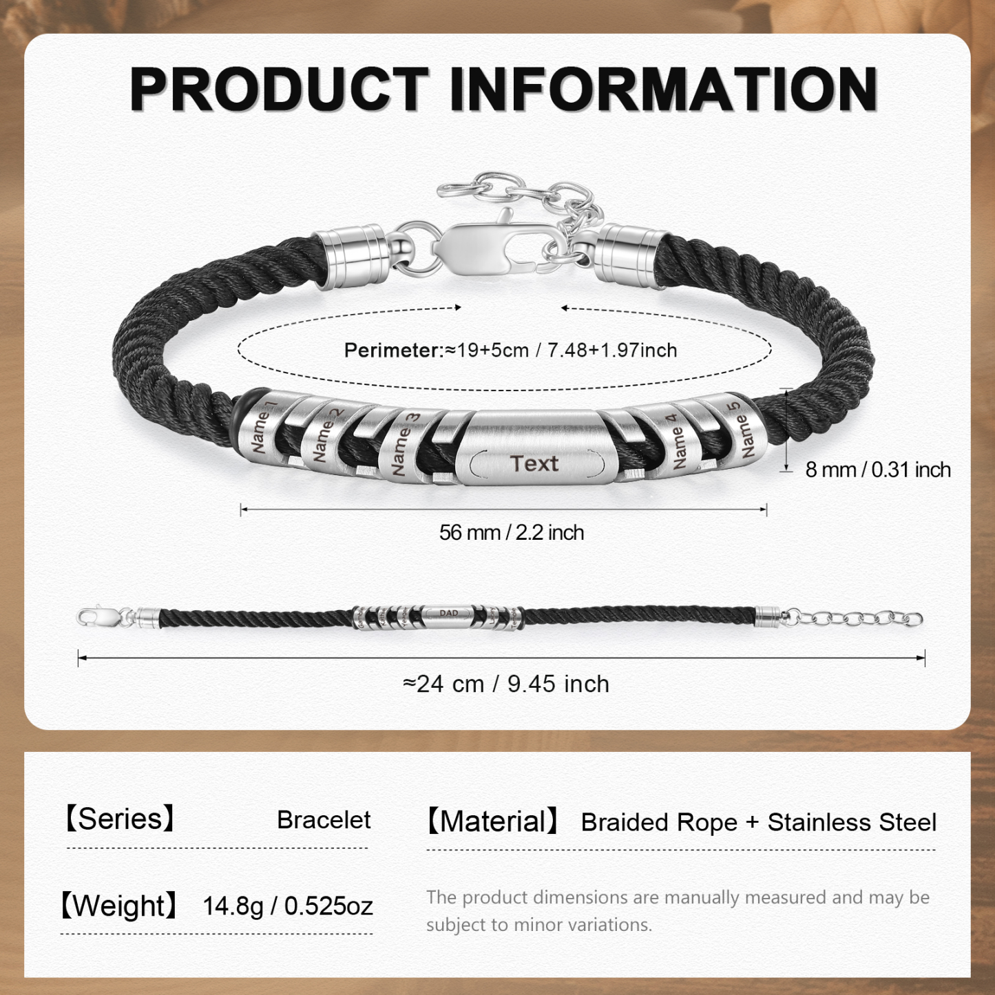 5 Names & 1 Text Personalized Men Adjustable Bracelet – Braided Rope & Stainless Steel Design | Lorajewel