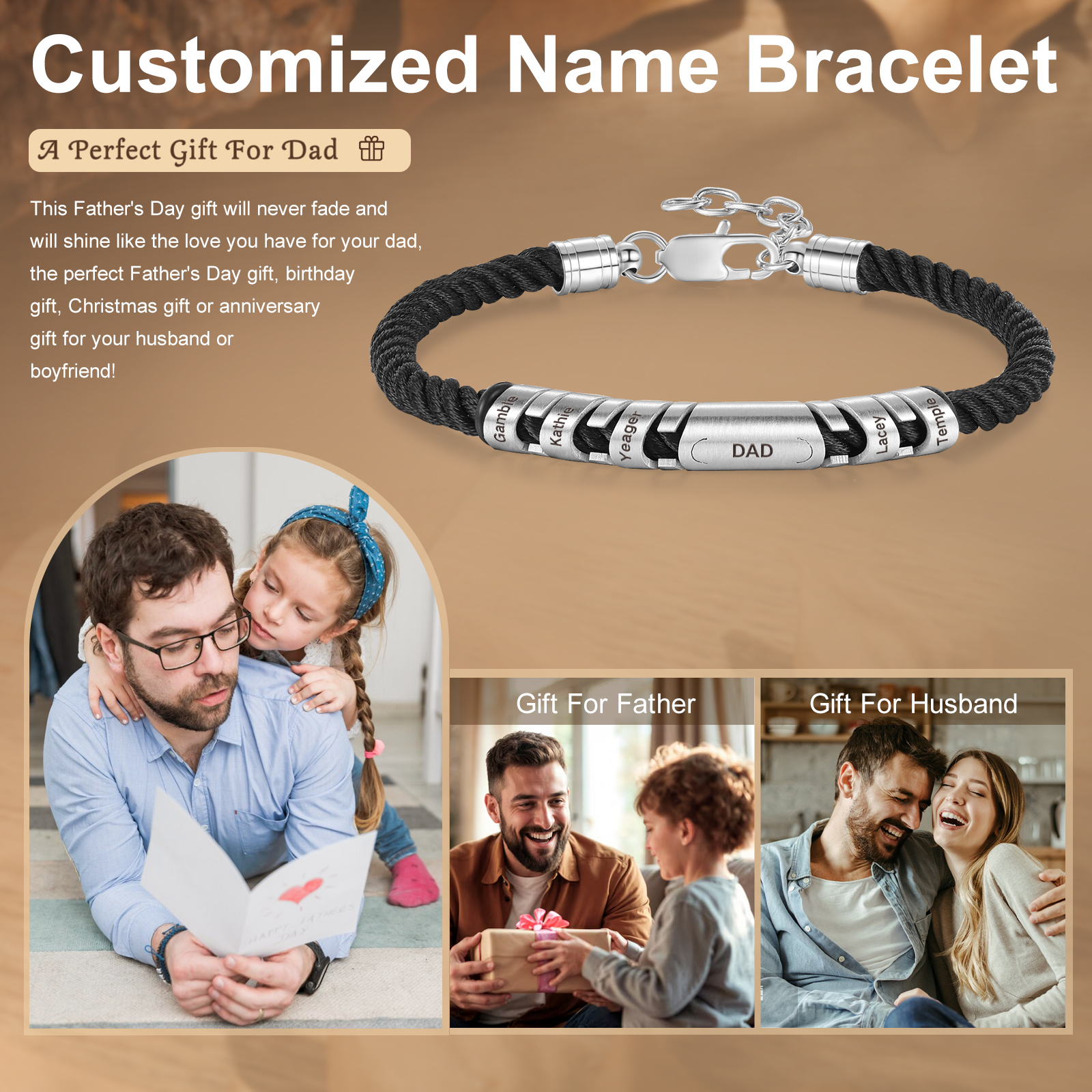 5 Names & 1 Text Personalized Men Adjustable Bracelet – Braided Rope & Stainless Steel Design | Lorajewel