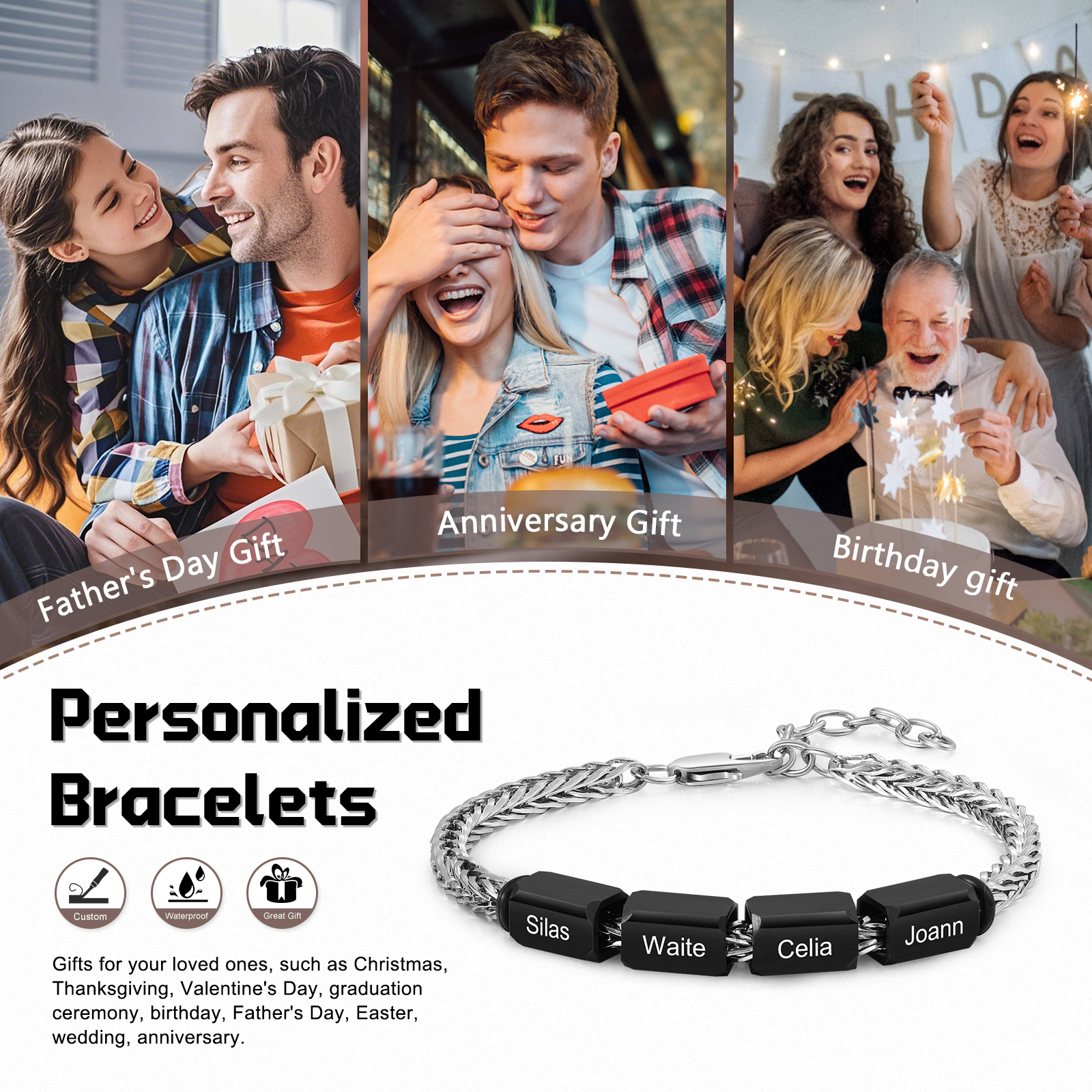 Custom 4 Names Personalized Stainless Steel Bracelet for Men – Thoughtful Father’s Day Gift from Family | Lorajewel