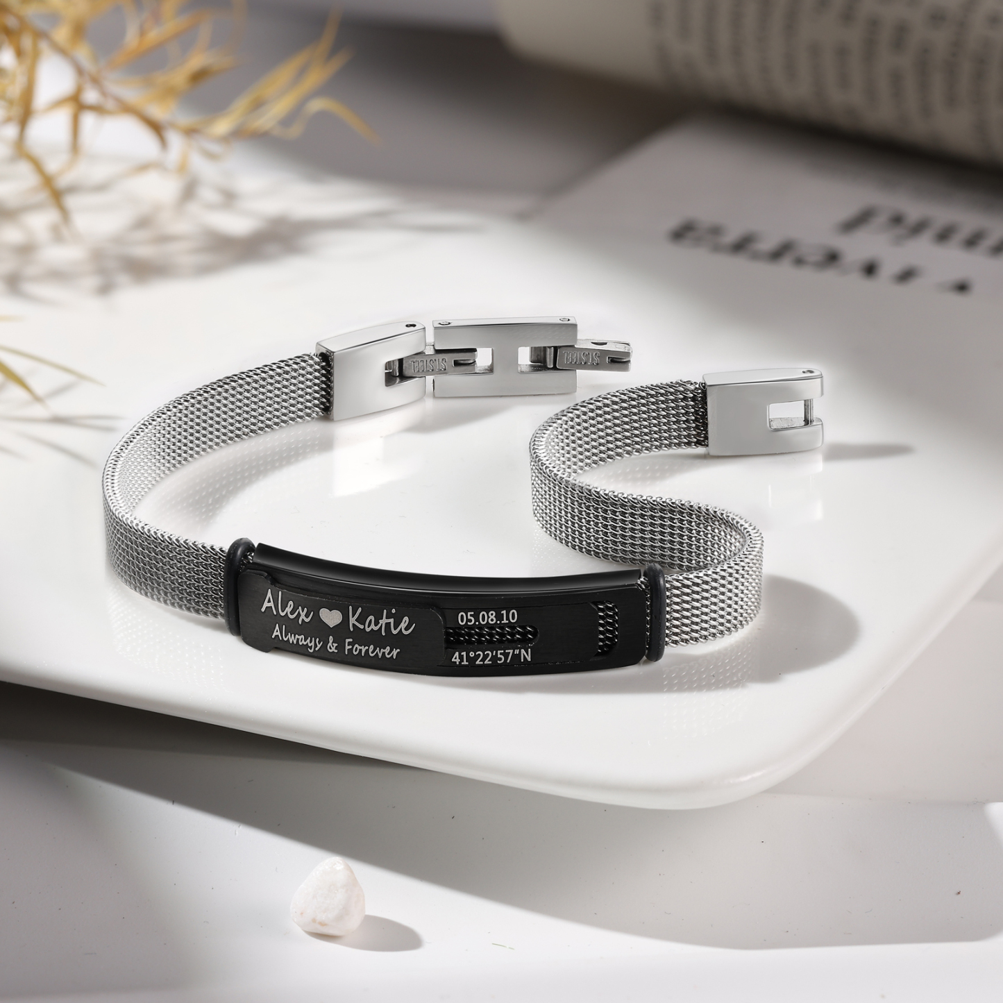 Personalized 2 Names & 3 Texts Bracelet for Couple – Stainless Steel Bracelet Gift | Lorajewel