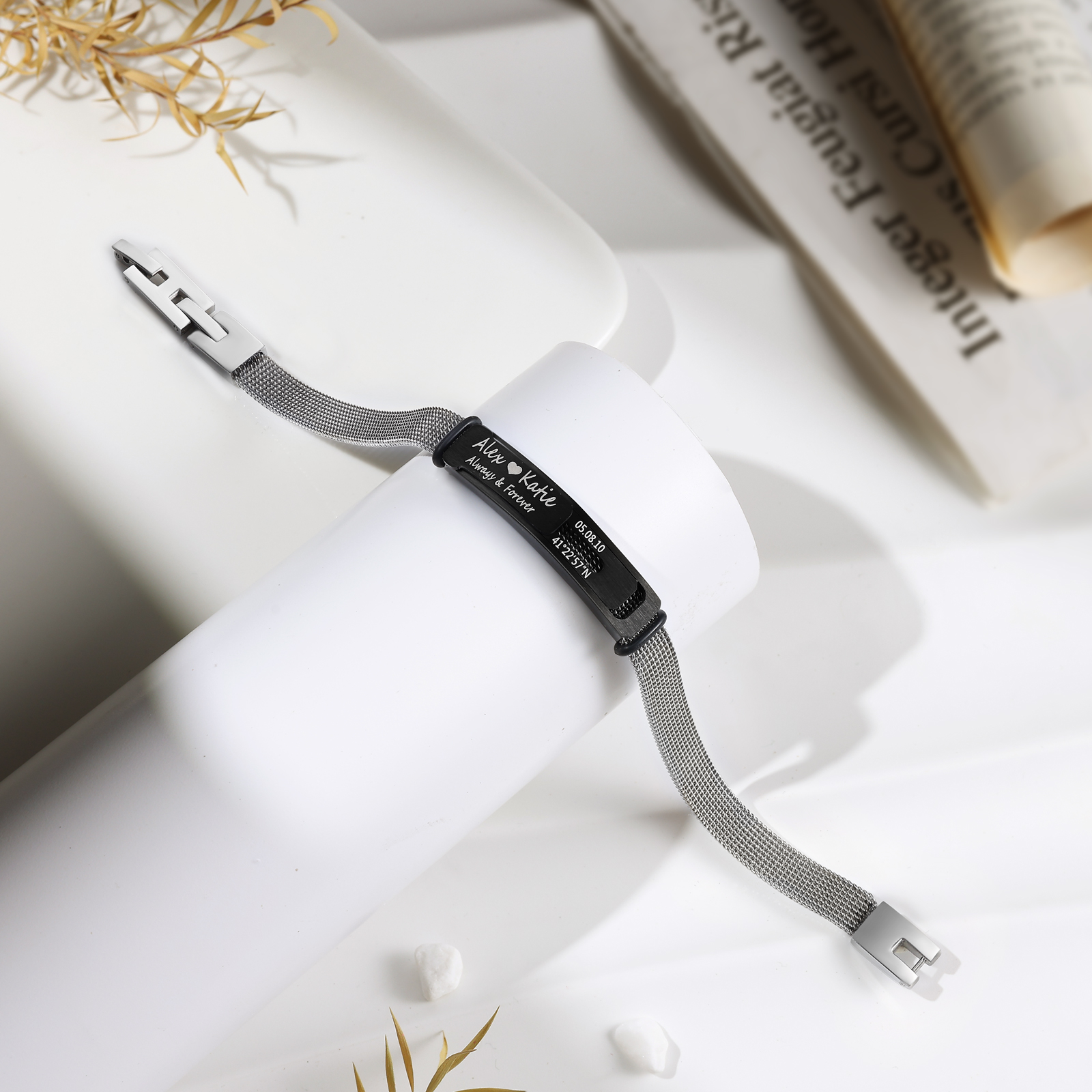 Personalized 2 Names & 3 Texts Bracelet for Couple – Stainless Steel Bracelet Gift | Lorajewel