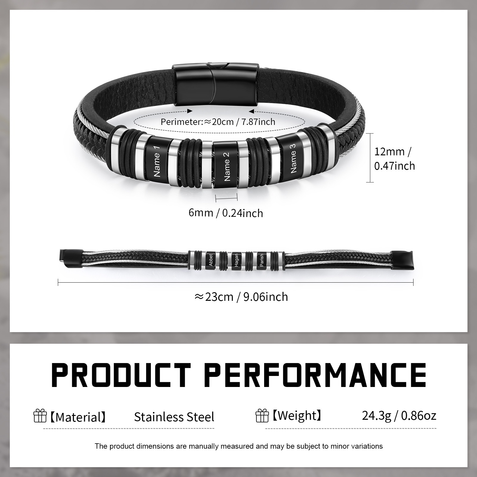 Personalized Men Leather Stainless Steel Bracelet with 3 Names - Custom Gift for Him | Lorajewel