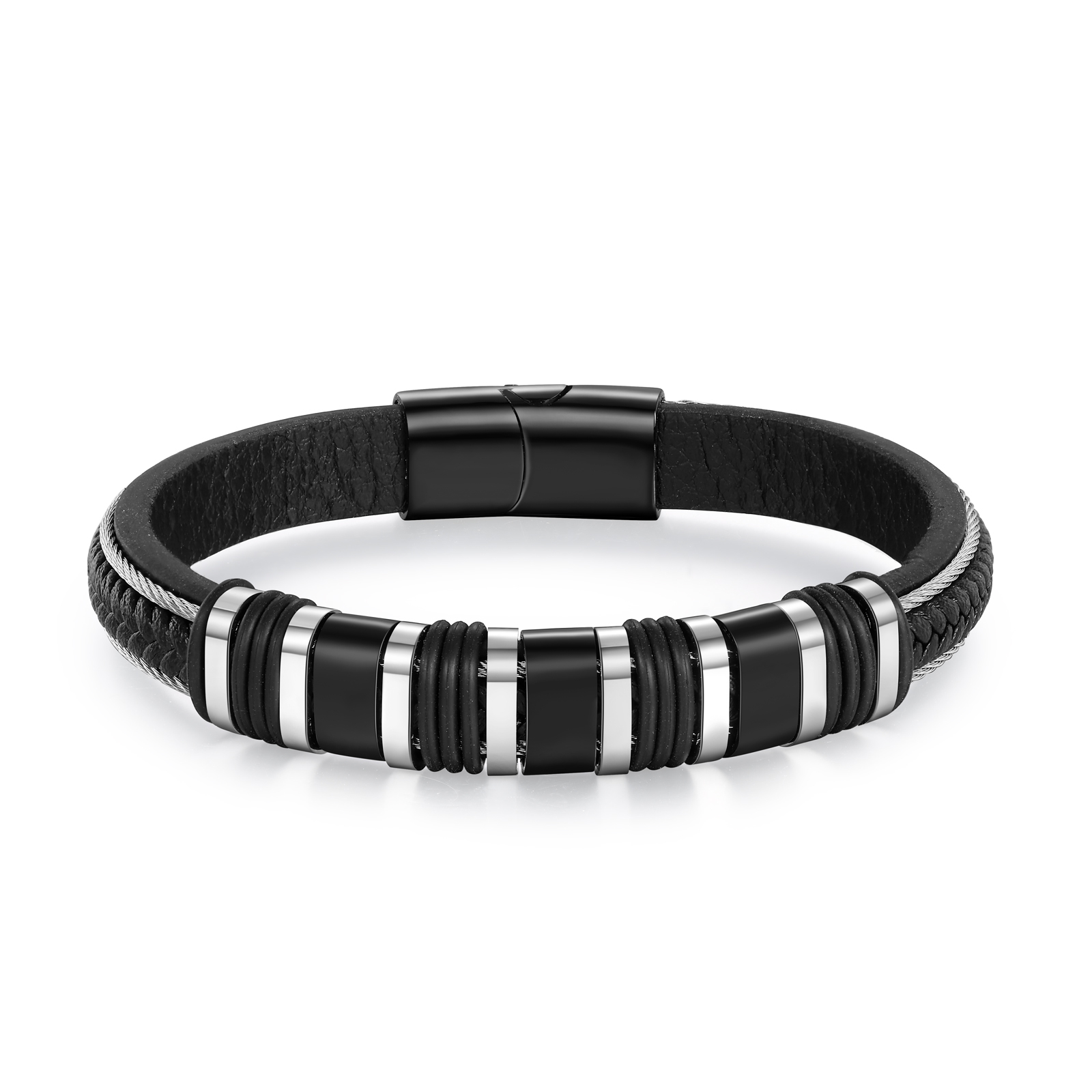 Personalized Men Leather Stainless Steel Bracelet with 3 Names - Custom Gift for Him | Lorajewel