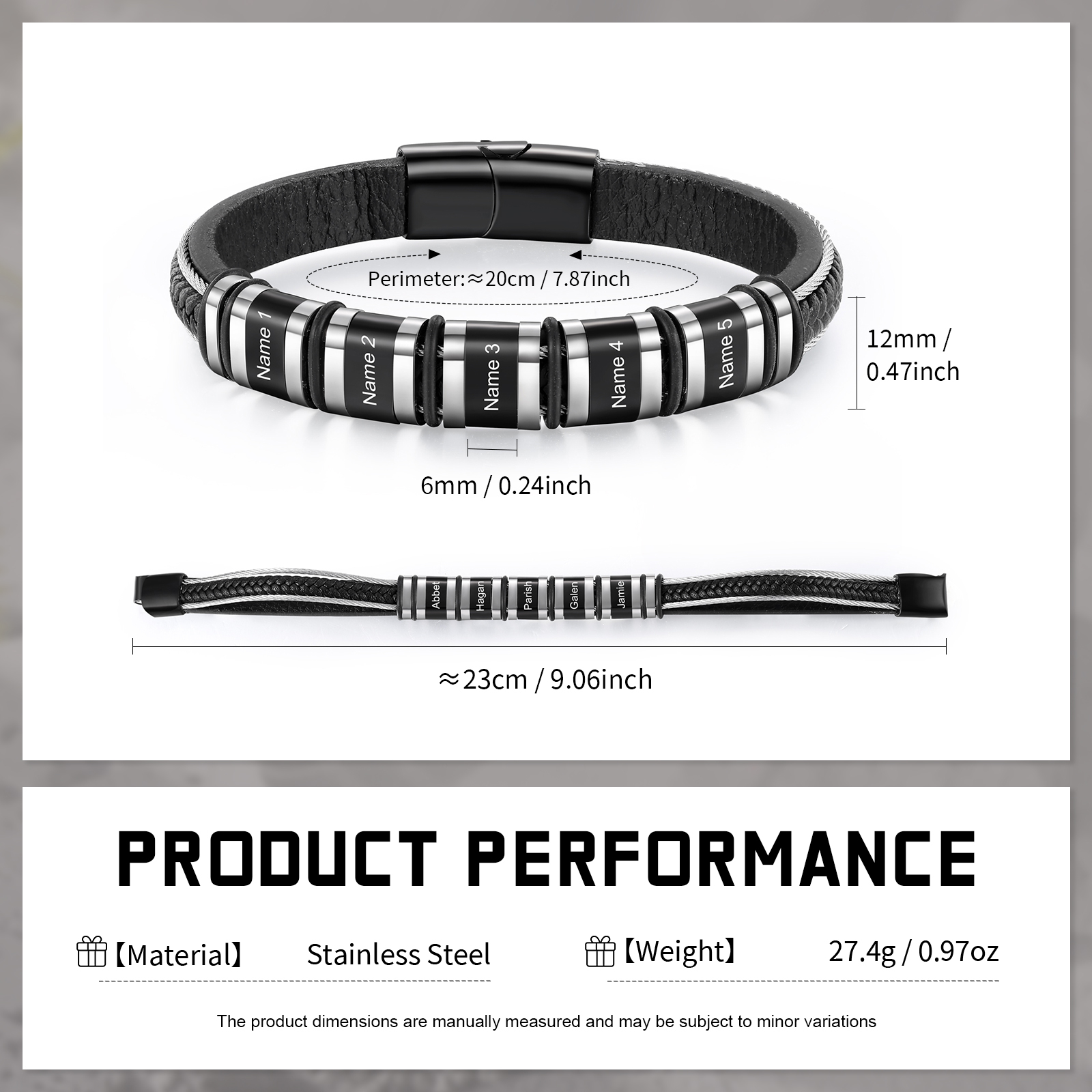Personalized Men Leather Stainless Steel Bracelet with 5 Names - Custom Gift for Him | Lorajewel