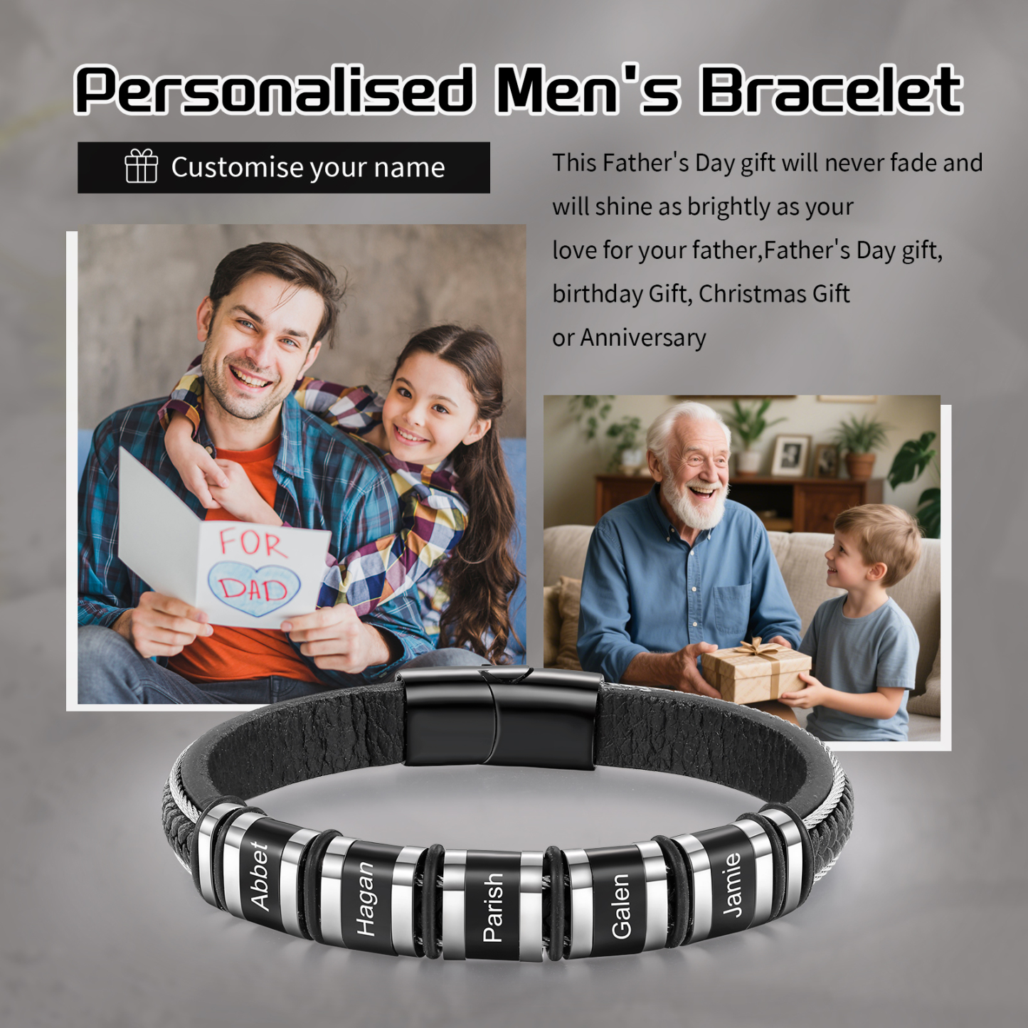 Personalized Men Leather Stainless Steel Bracelet with 5 Names - Custom Gift for Him | Lorajewel