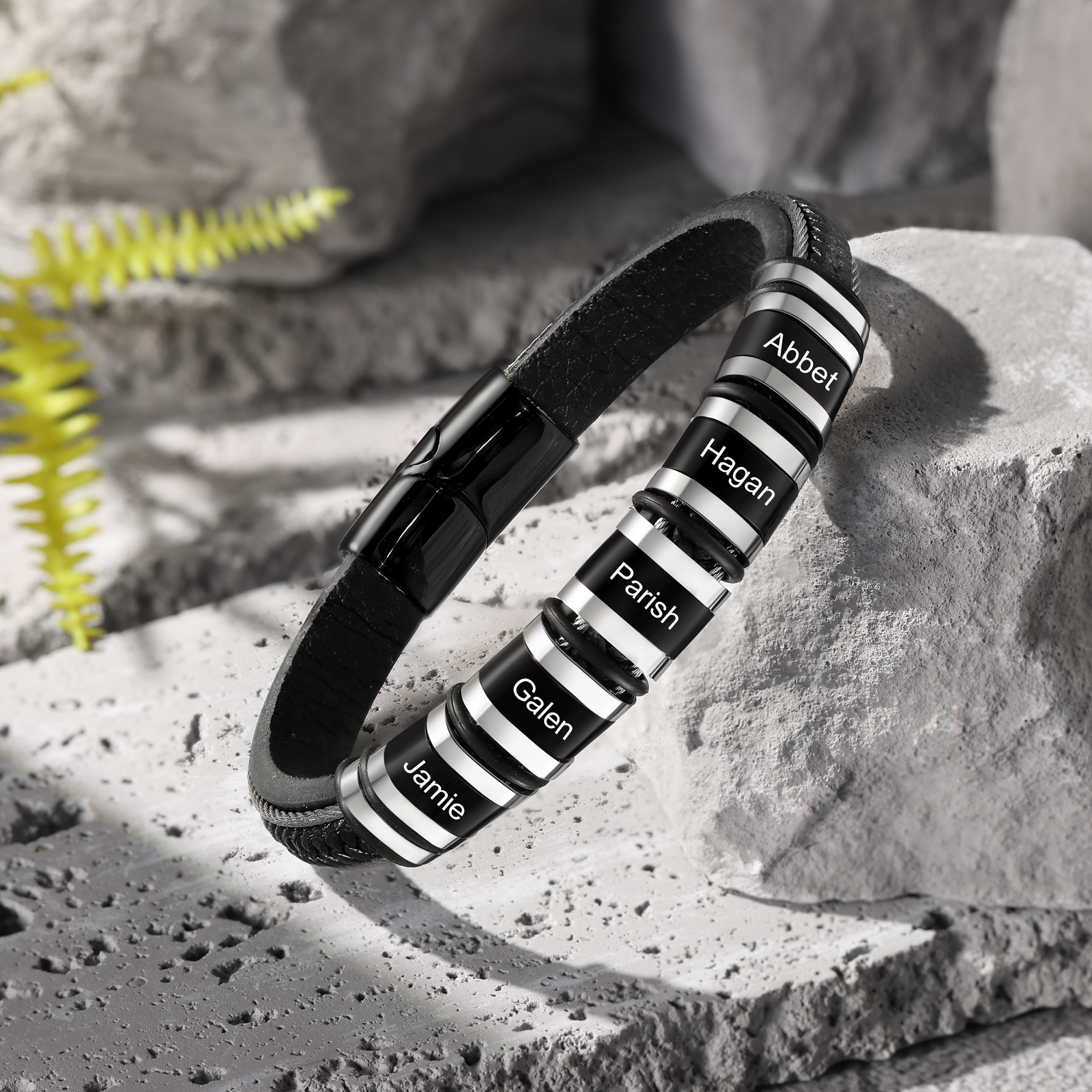 Personalized Men Leather Stainless Steel Bracelet with 5 Names - Custom Gift for Him | Lorajewel