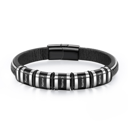 Personalized Men Leather Stainless Steel Bracelet with 5 Names - Custom Gift for Him | Lorajewel