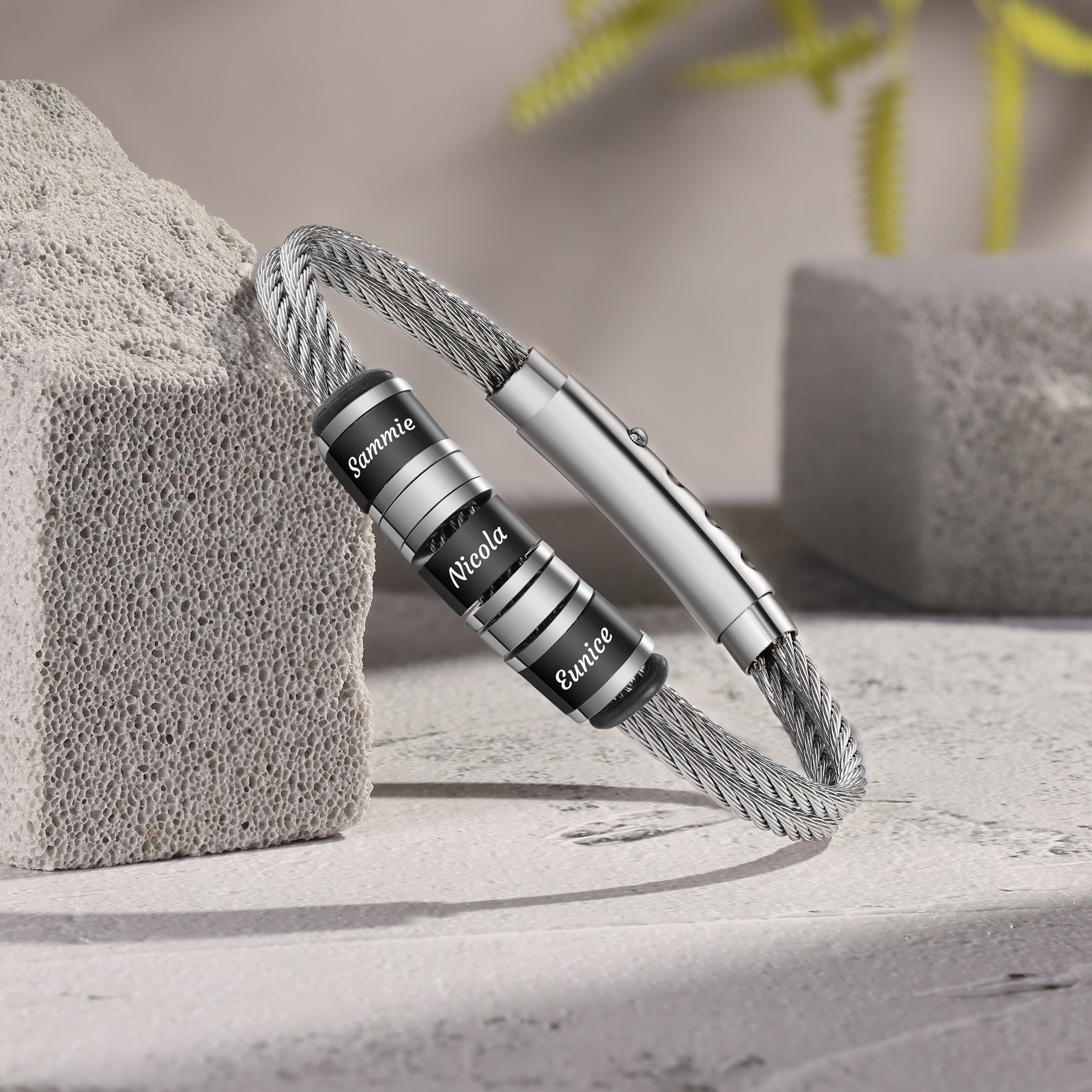 Personalized Men Stainless Steel Adjustable Bracelet with 3 Names - Custom Gift for Him | Lorajewel