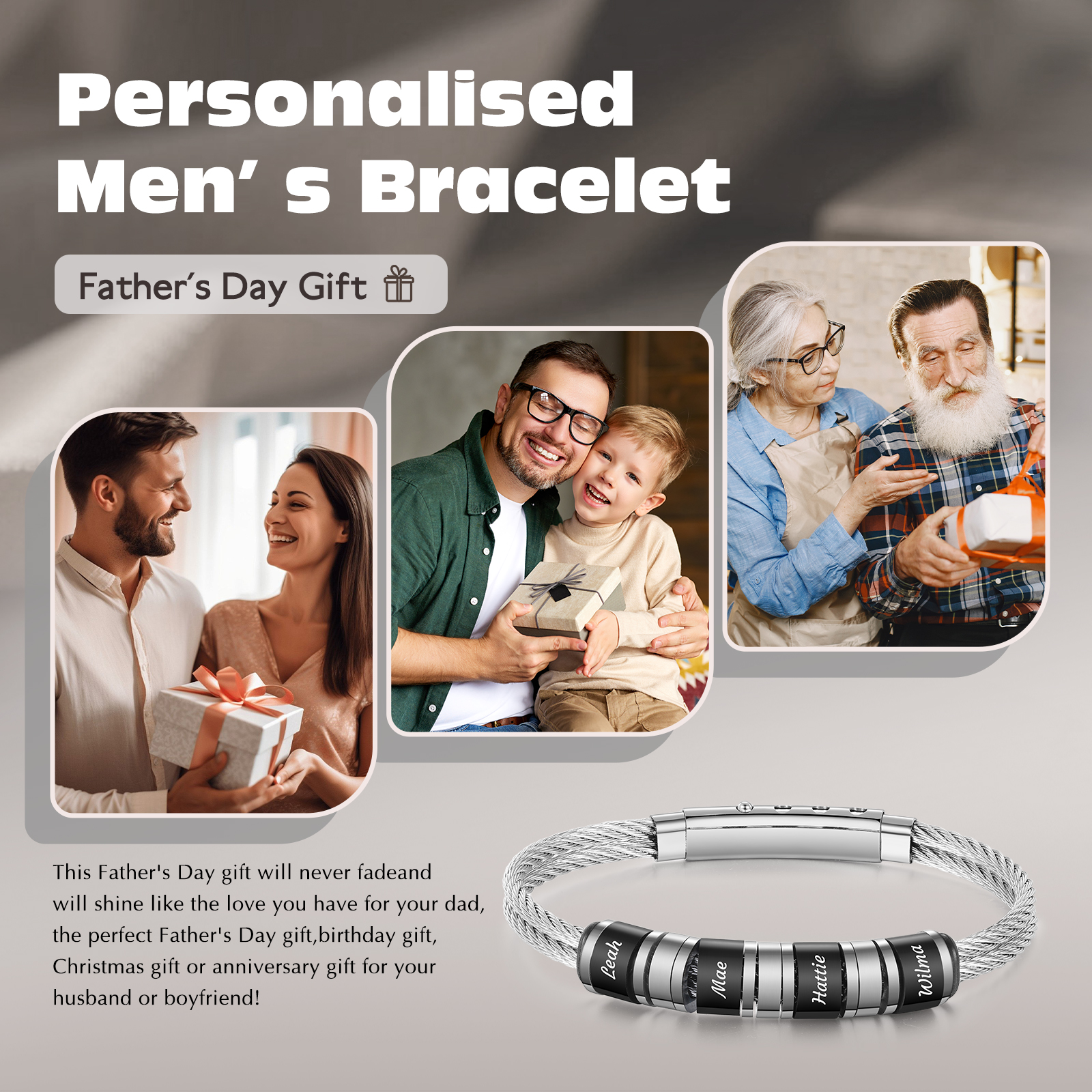 Personalized Men Stainless Steel Adjustable Bracelet with 4 Names - Custom Gift for Him | Lorajewel