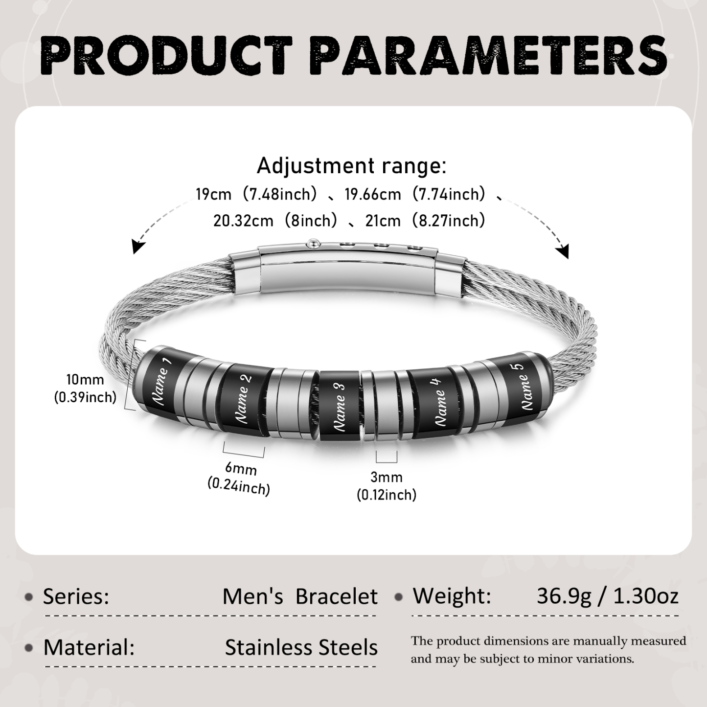 Personalized Men Stainless Steel Adjustable Bracelet with 5 Names - Custom Gift for Him | Lorajewel