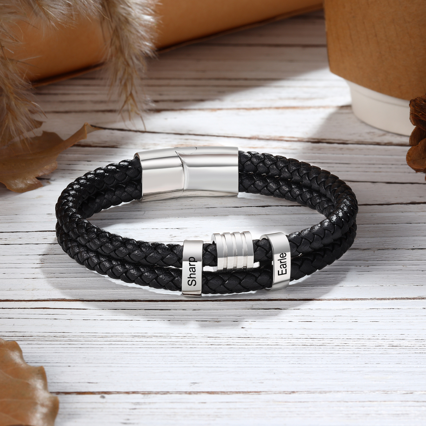 2 Names Personalized Braided Leather Bracelet for Men – Custom Engraved Name Beads & Stainless Steel Clasp | Lorajewel