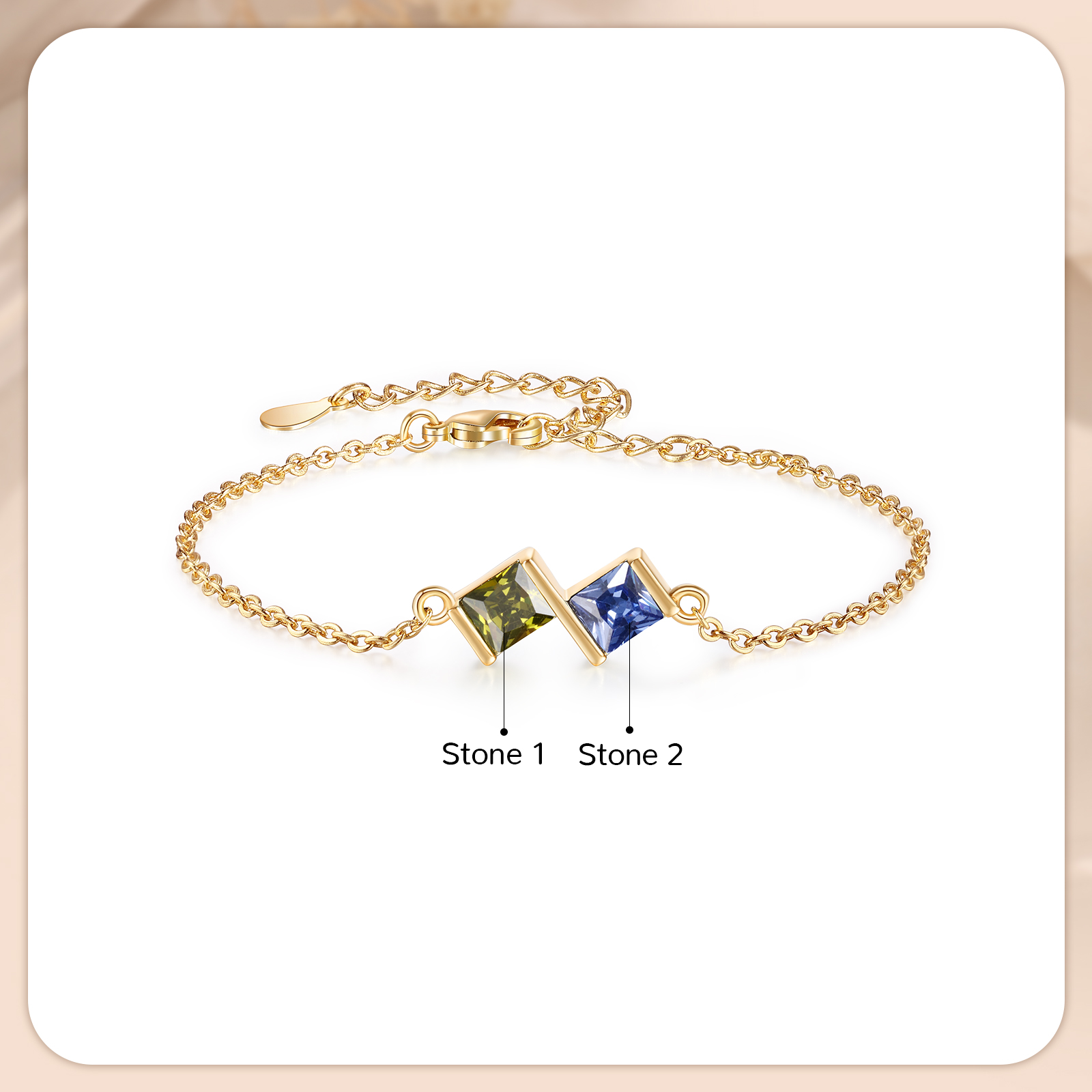 2 Birthstones Personalized Women's Birthstone Bracelet, Square Pendant Design Gift for Her | Lorajewel
