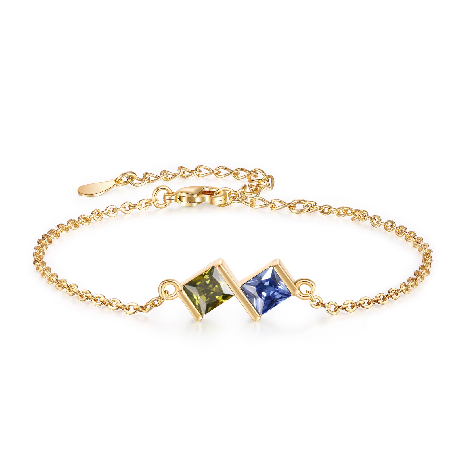 2 Birthstones Personalized Women's Birthstone Bracelet, Square Pendant Design Gift for Her | Lorajewel