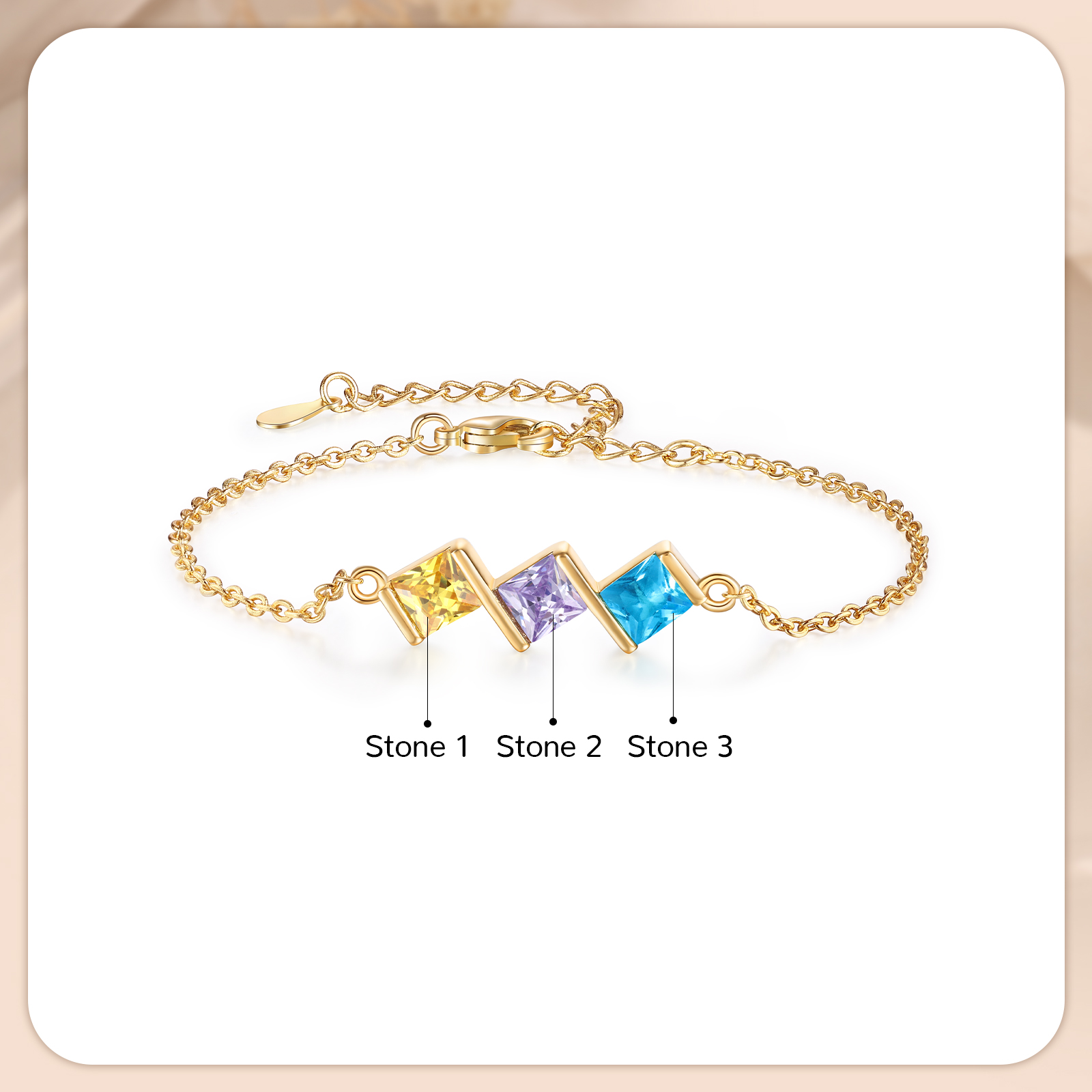 3 Birthstones Personalized Women's Birthstone Bracelet, Square Pendant Design Gift for Her | Lorajewel